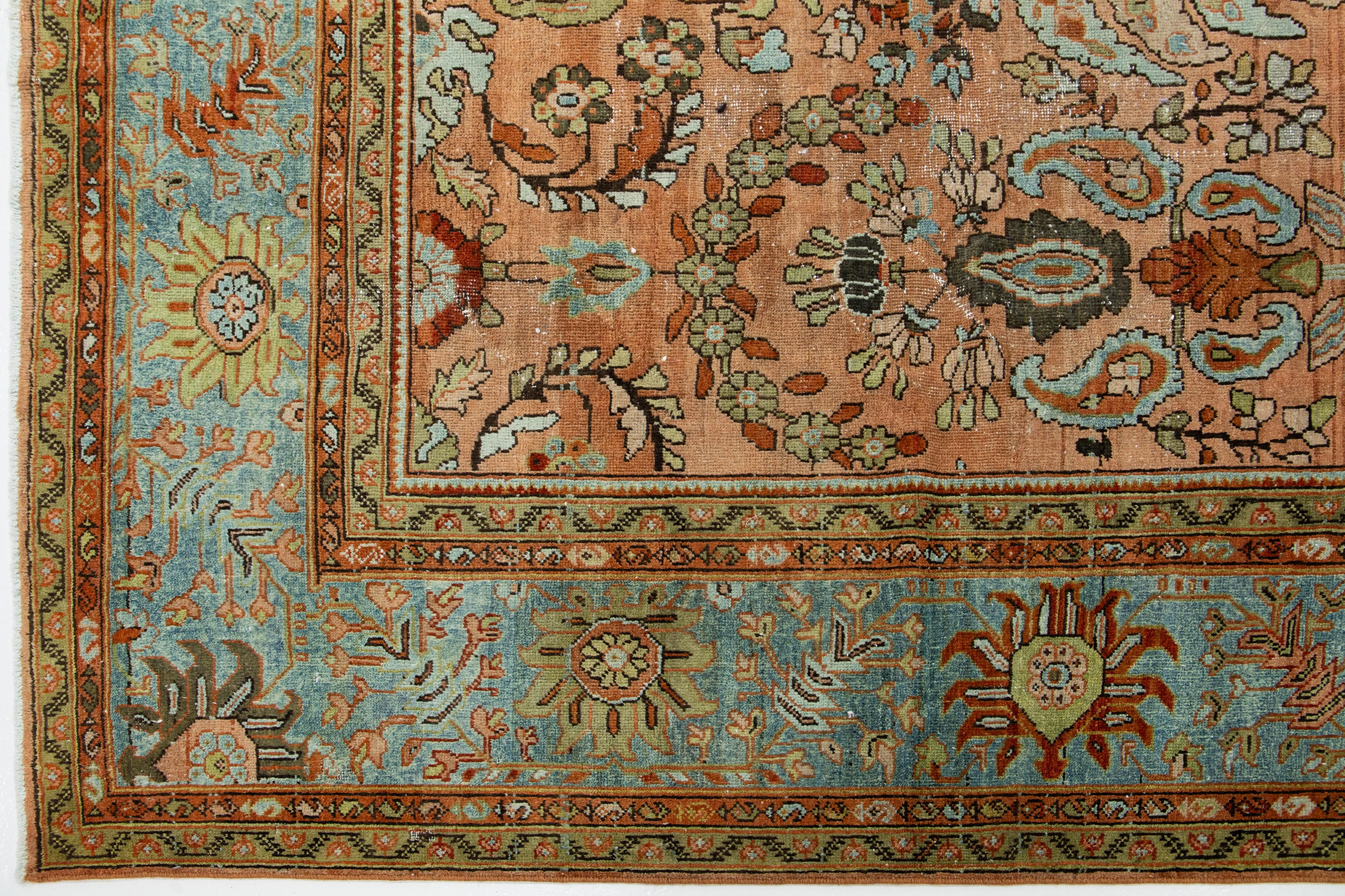 20th Century 1890s Antique Floral Persian Sultanabad Wool Rug  In Rust  For Sale