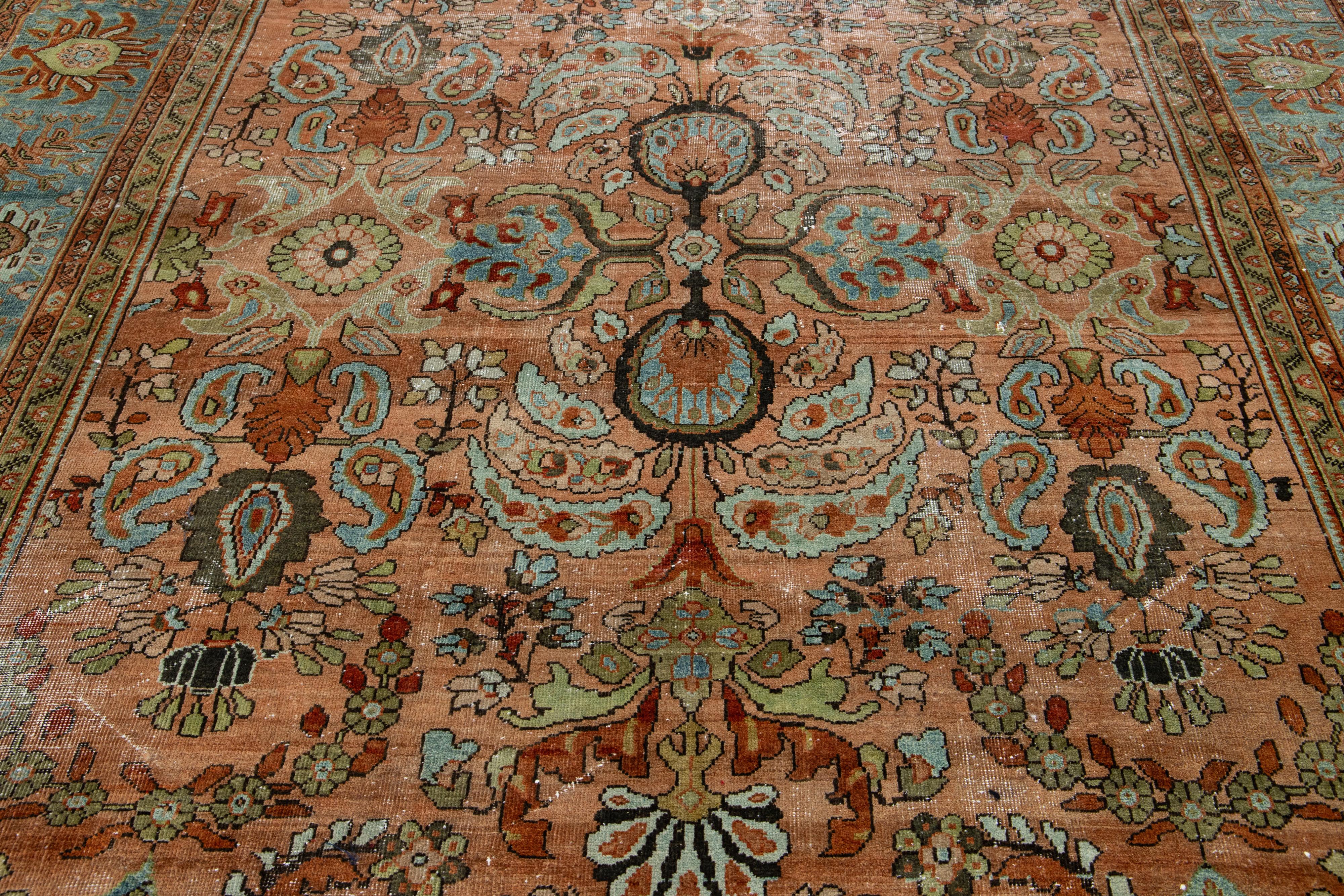 1890s Antique Floral Persian Sultanabad Wool Rug  In Rust  For Sale 1