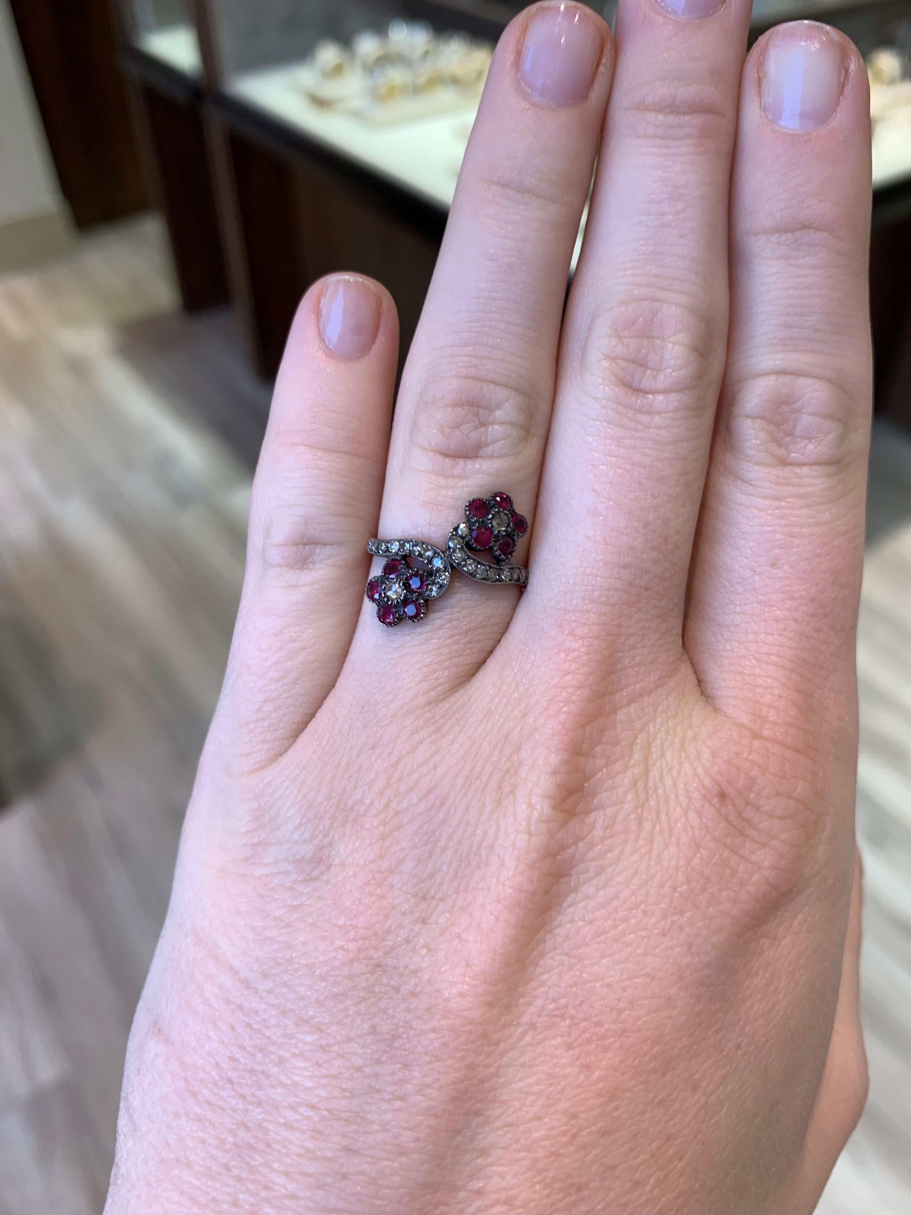 Round Cut 1890s Antique Flower Diamond Ruby Ring For Sale