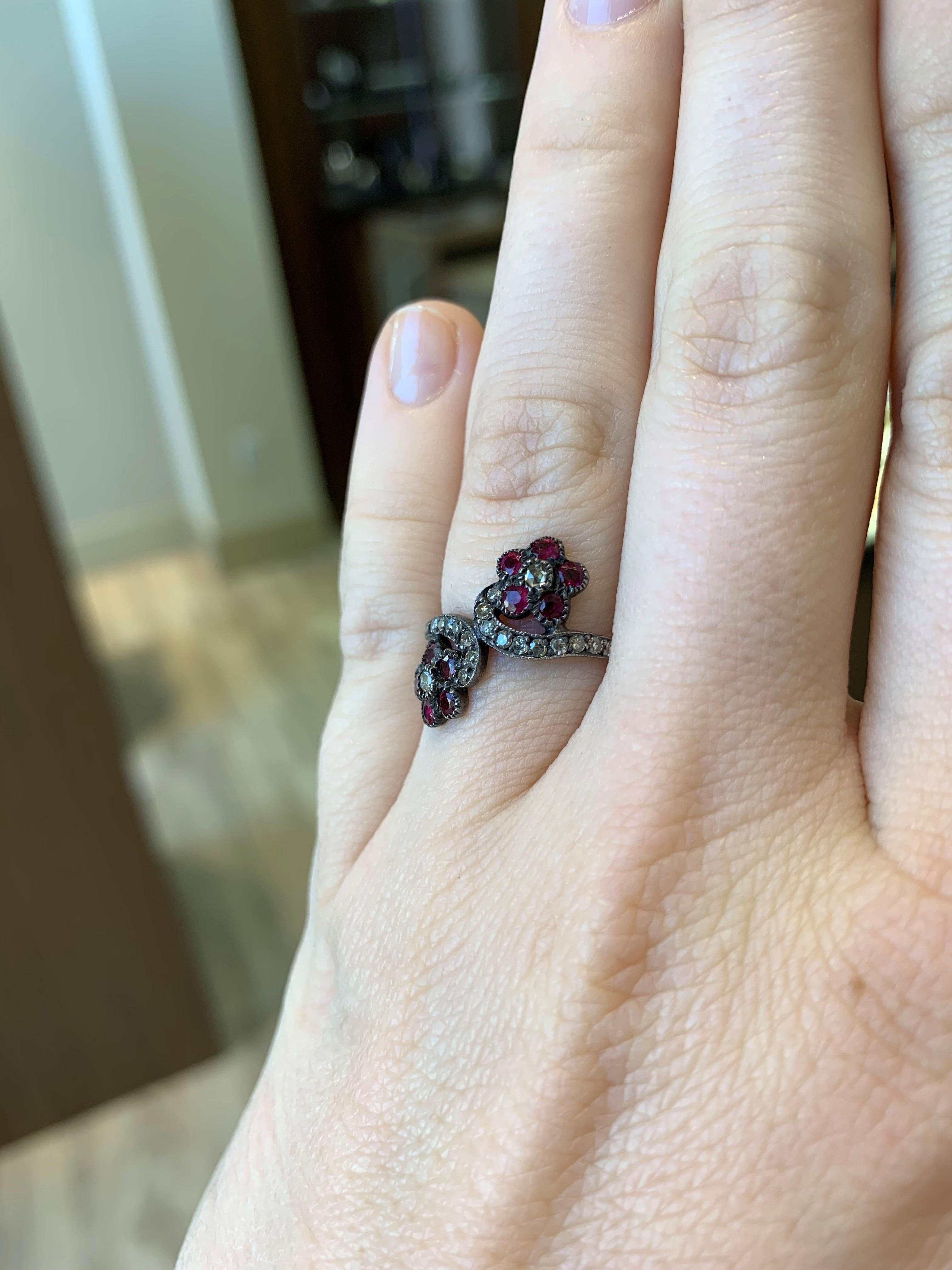 1890s Antique Flower Diamond Ruby Ring In Excellent Condition For Sale In La Jolla, CA