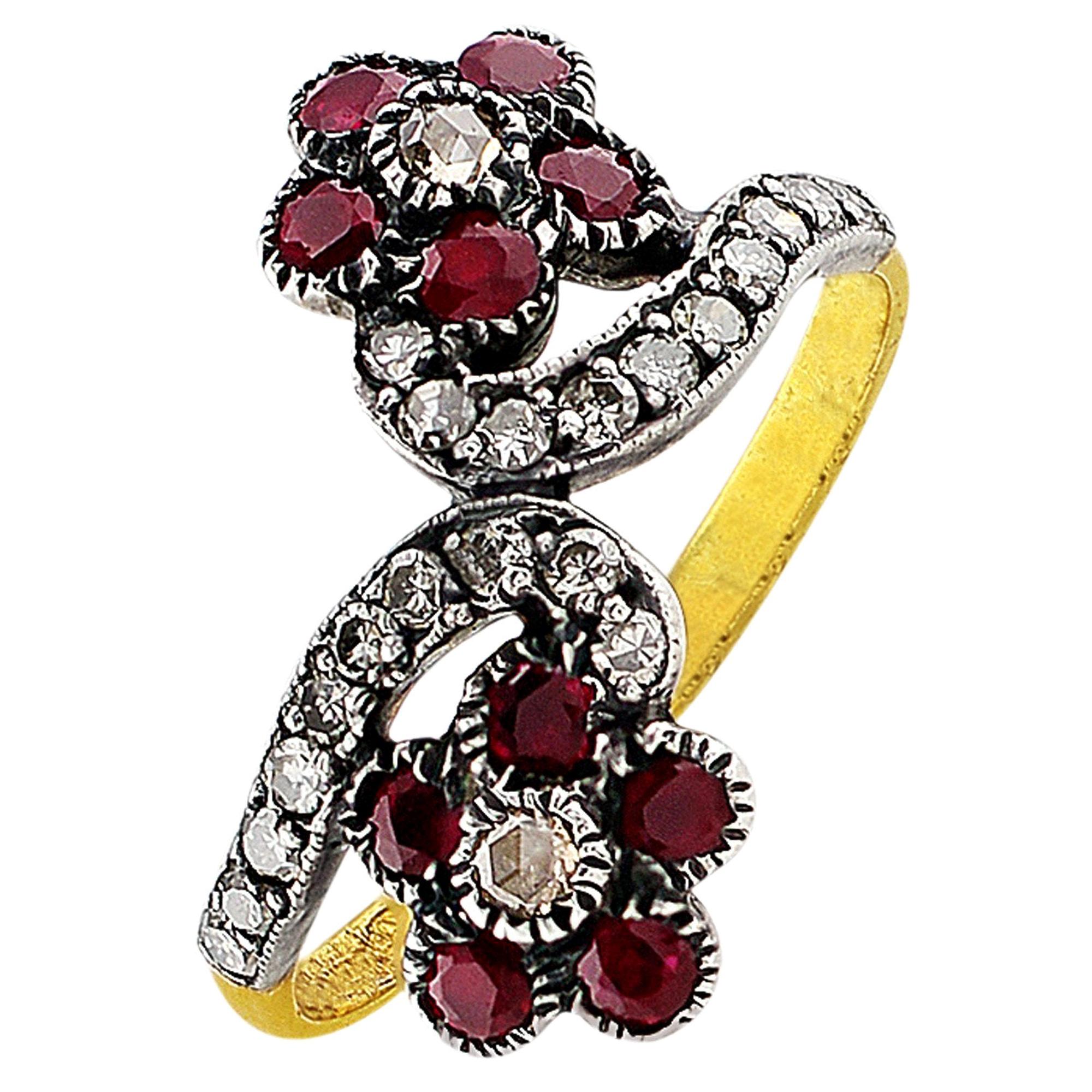 1890s Antique Flower Diamond Ruby Ring For Sale