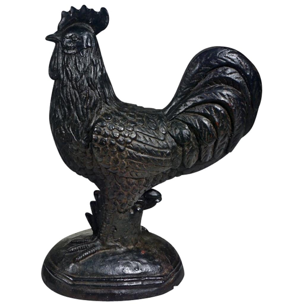1890s Antique French Black Cast Iron Folk Art Sculpture Rooster
