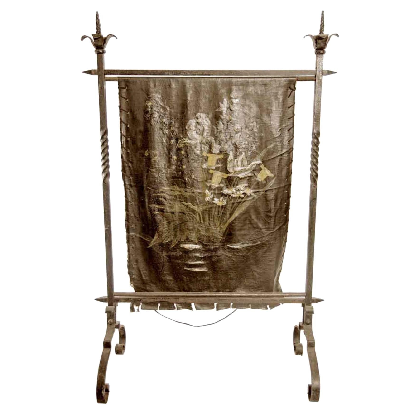 1890s Antique French Wrought Iron and Painted Floral Leather Fire Screen
