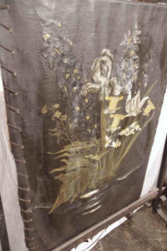1890s Antique French Wrought Iron and Painted Floral Leather Fire Screen