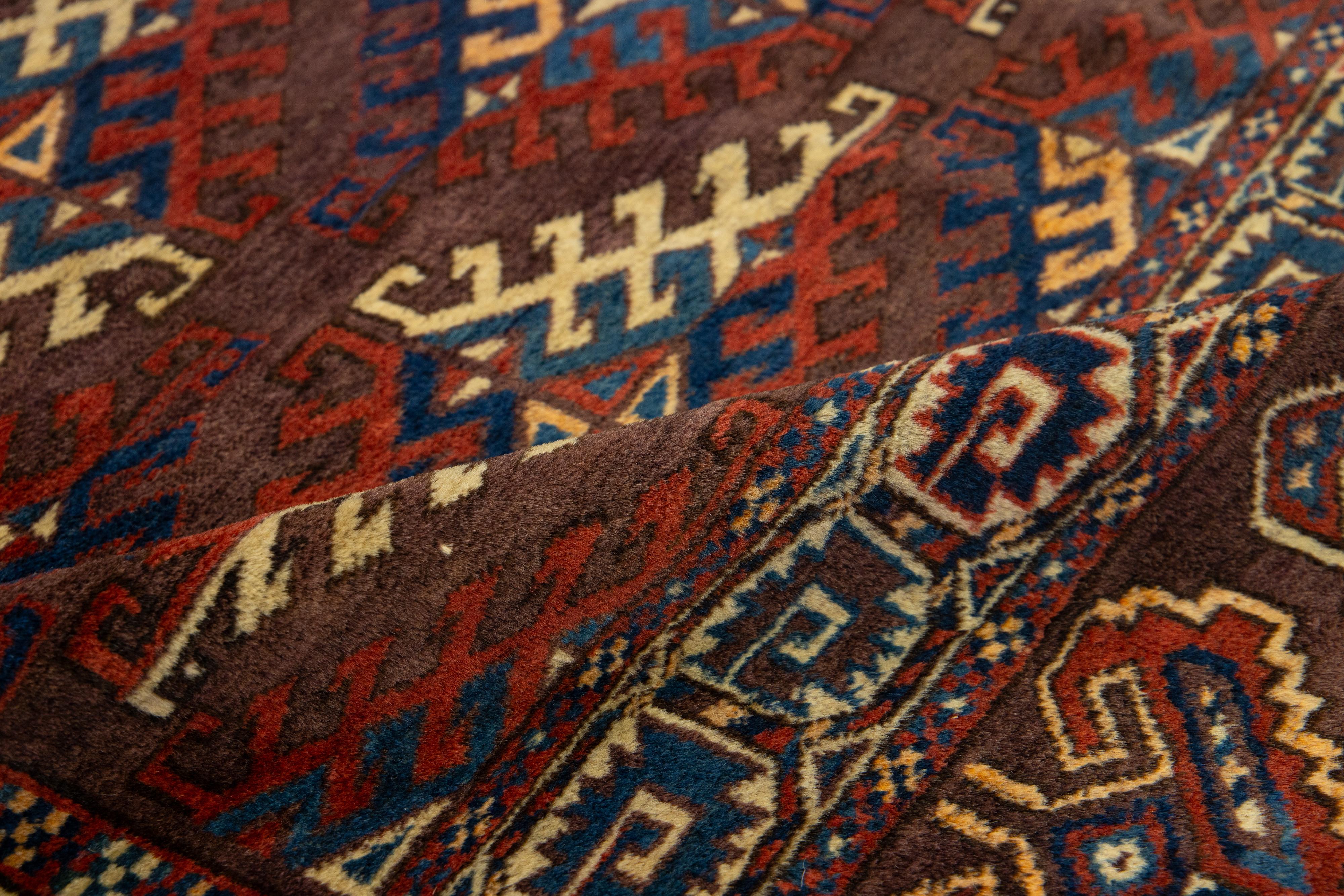 Islamic 1890s Antique Geometric Wool Rug Afghan Turkmen In Brown For Sale