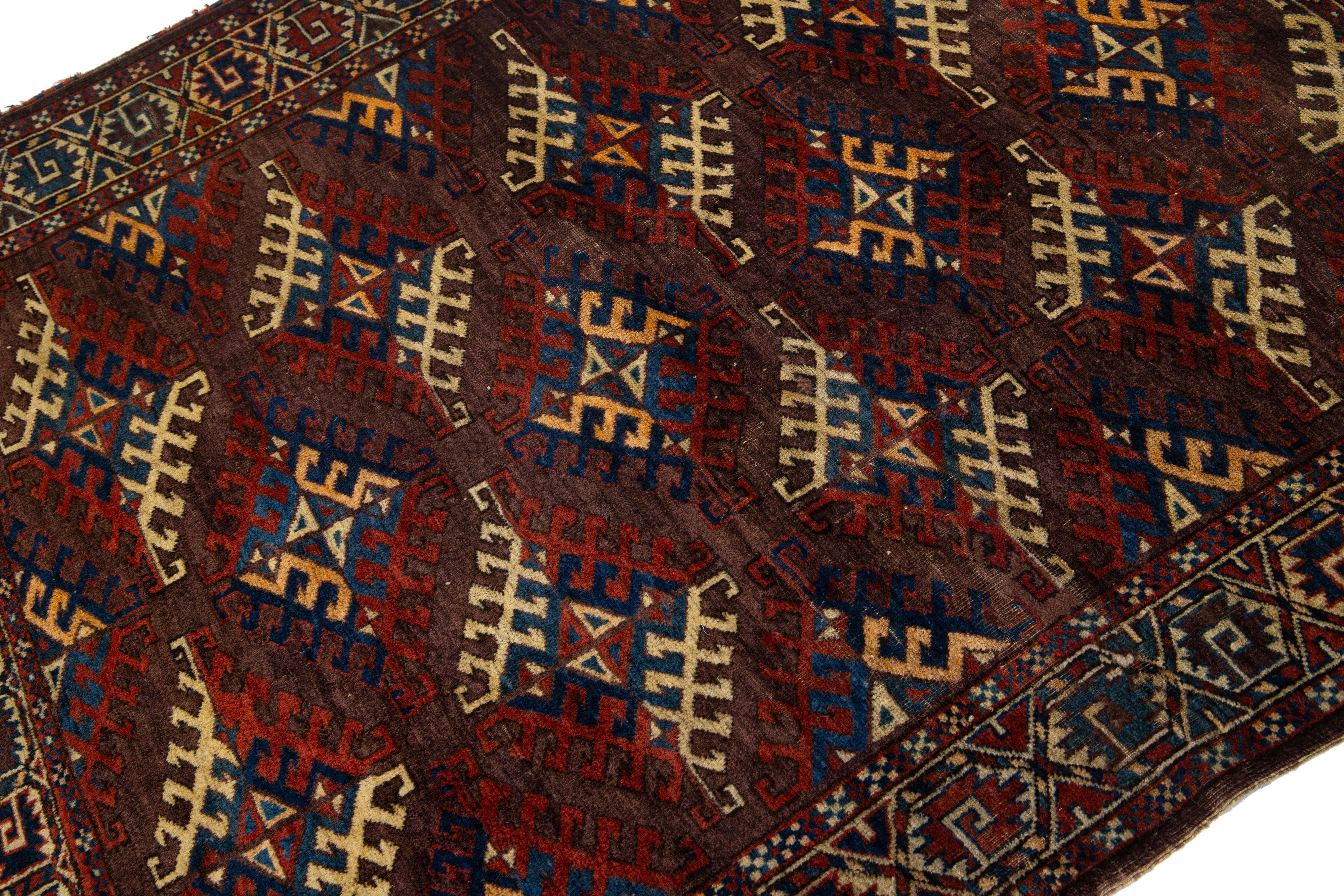Hand-Knotted 1890s Antique Geometric Wool Rug Afghan Turkmen In Brown For Sale