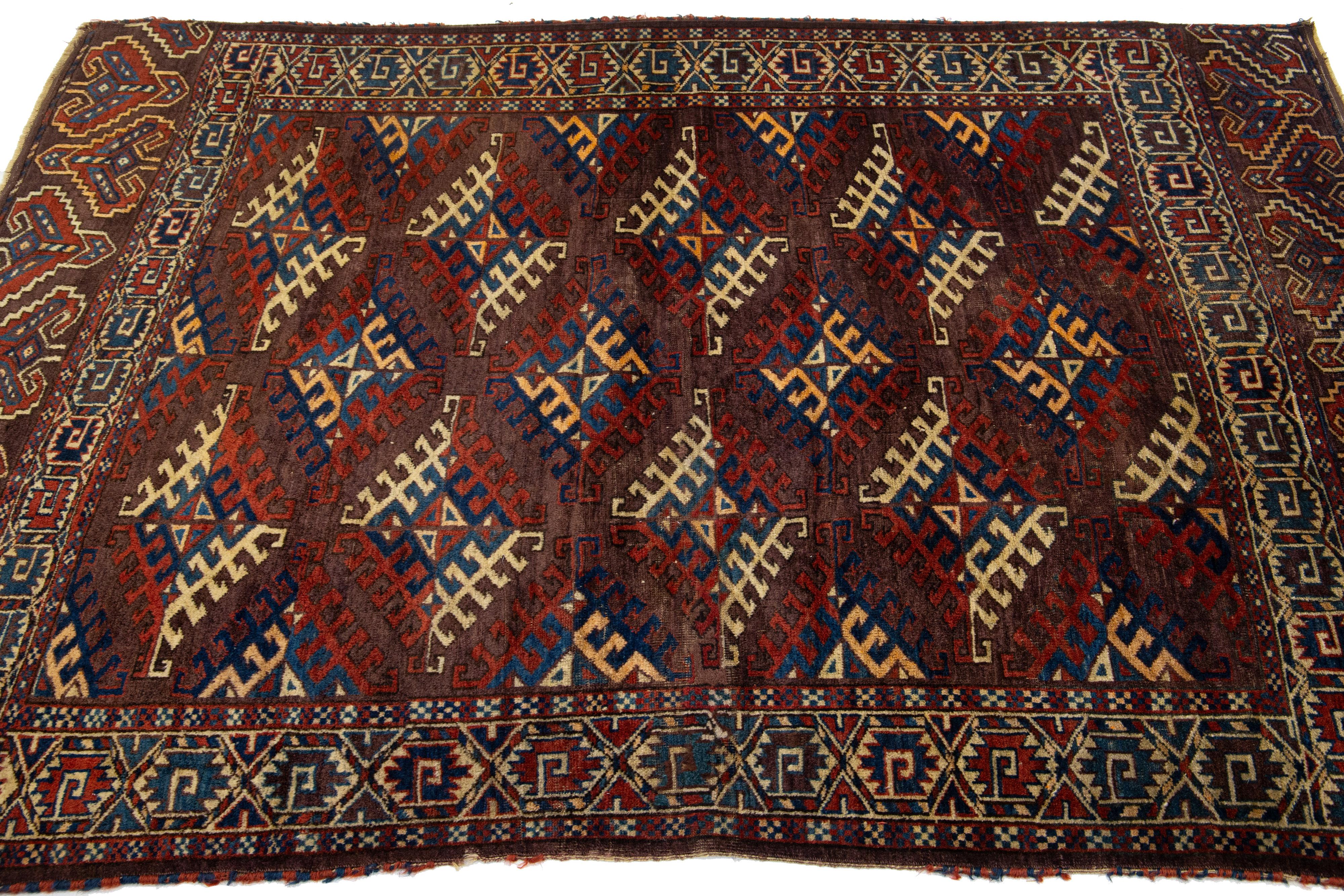 1890s Antique Geometric Wool Rug Afghan Turkmen In Brown In Excellent Condition For Sale In Norwalk, CT