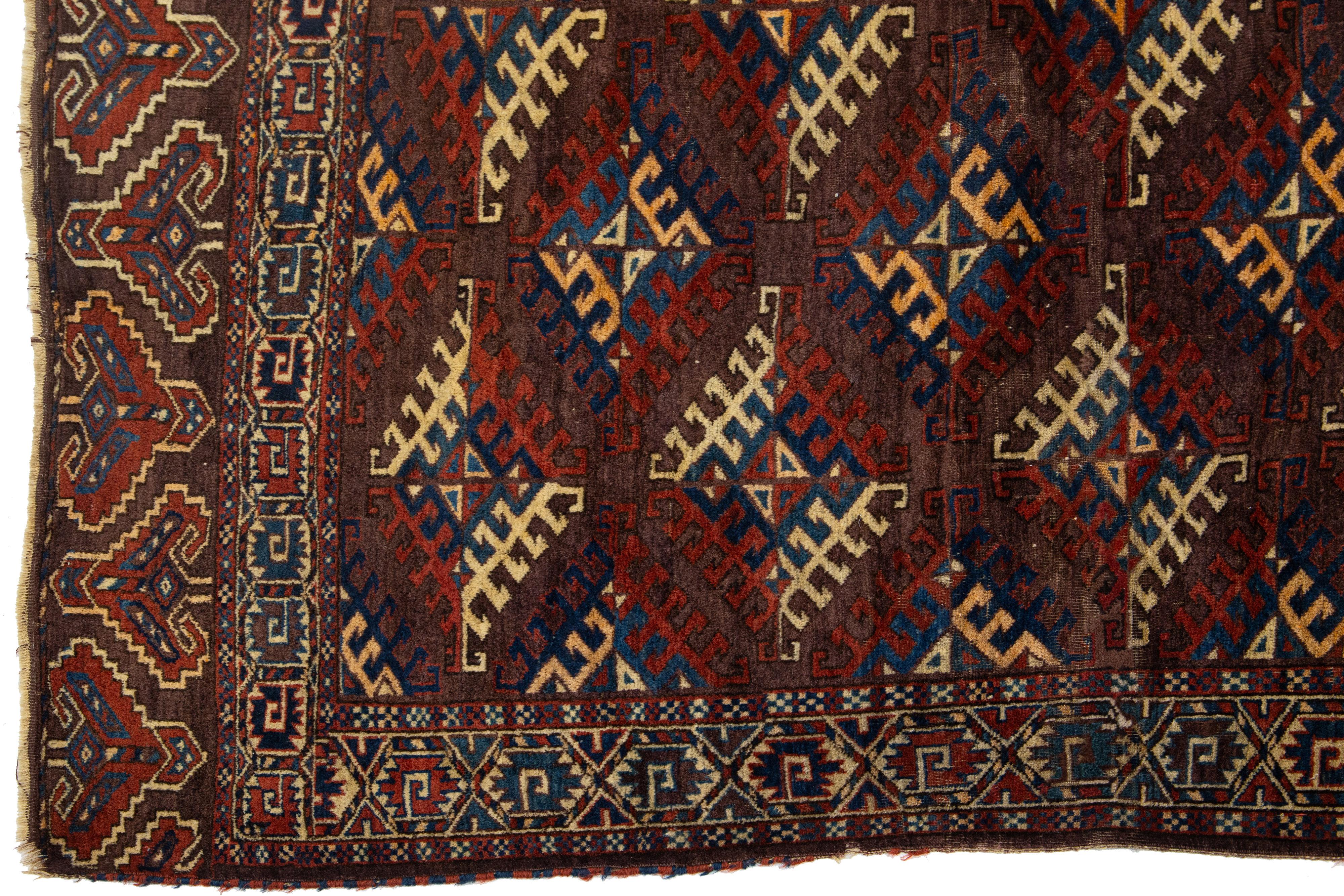 Late 19th Century 1890s Antique Geometric Wool Rug Afghan Turkmen In Brown For Sale