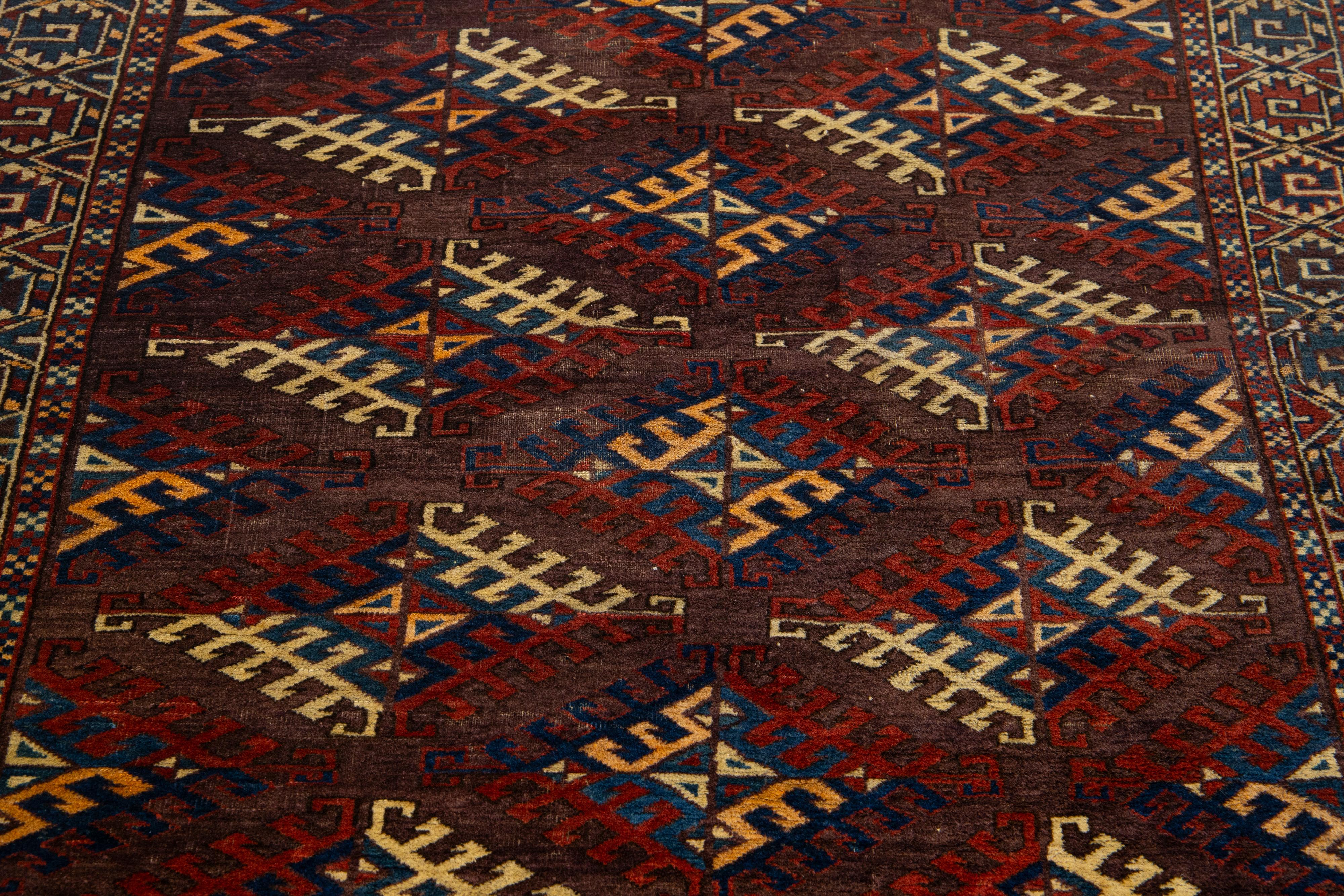 1890s Antique Geometric Wool Rug Afghan Turkmen In Brown For Sale 1