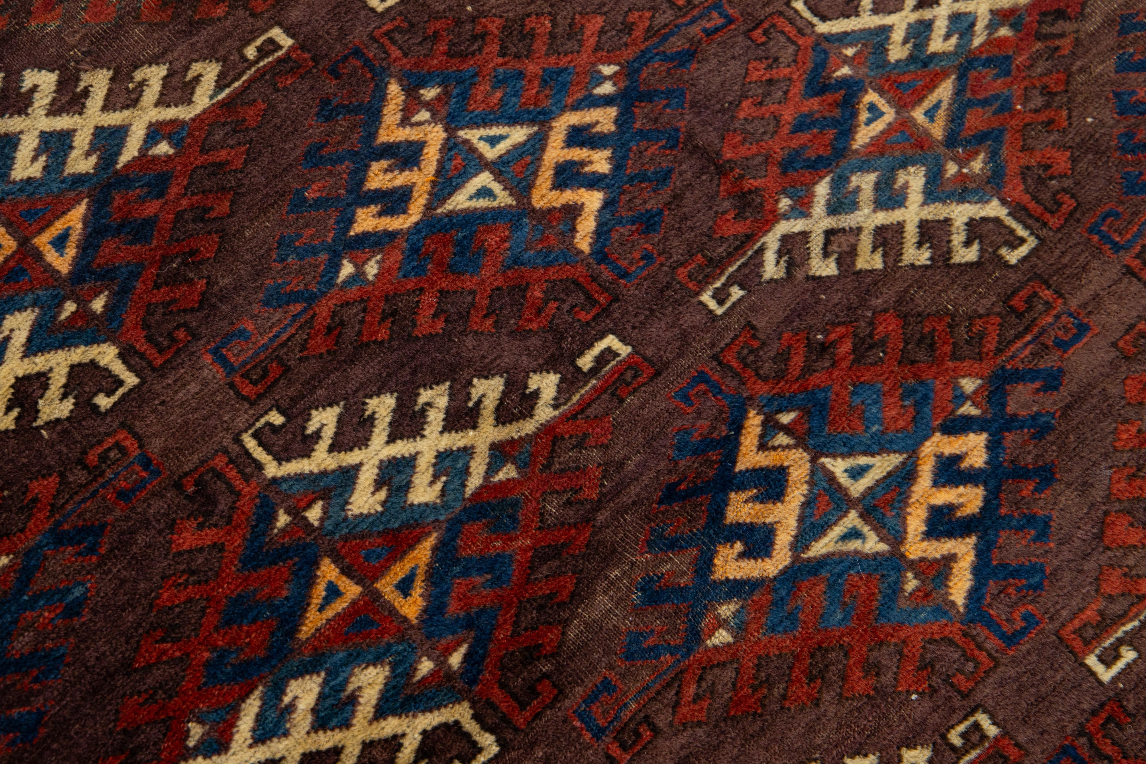 1890s Antique Geometric Wool Rug Afghan Turkmen In Brown For Sale 2