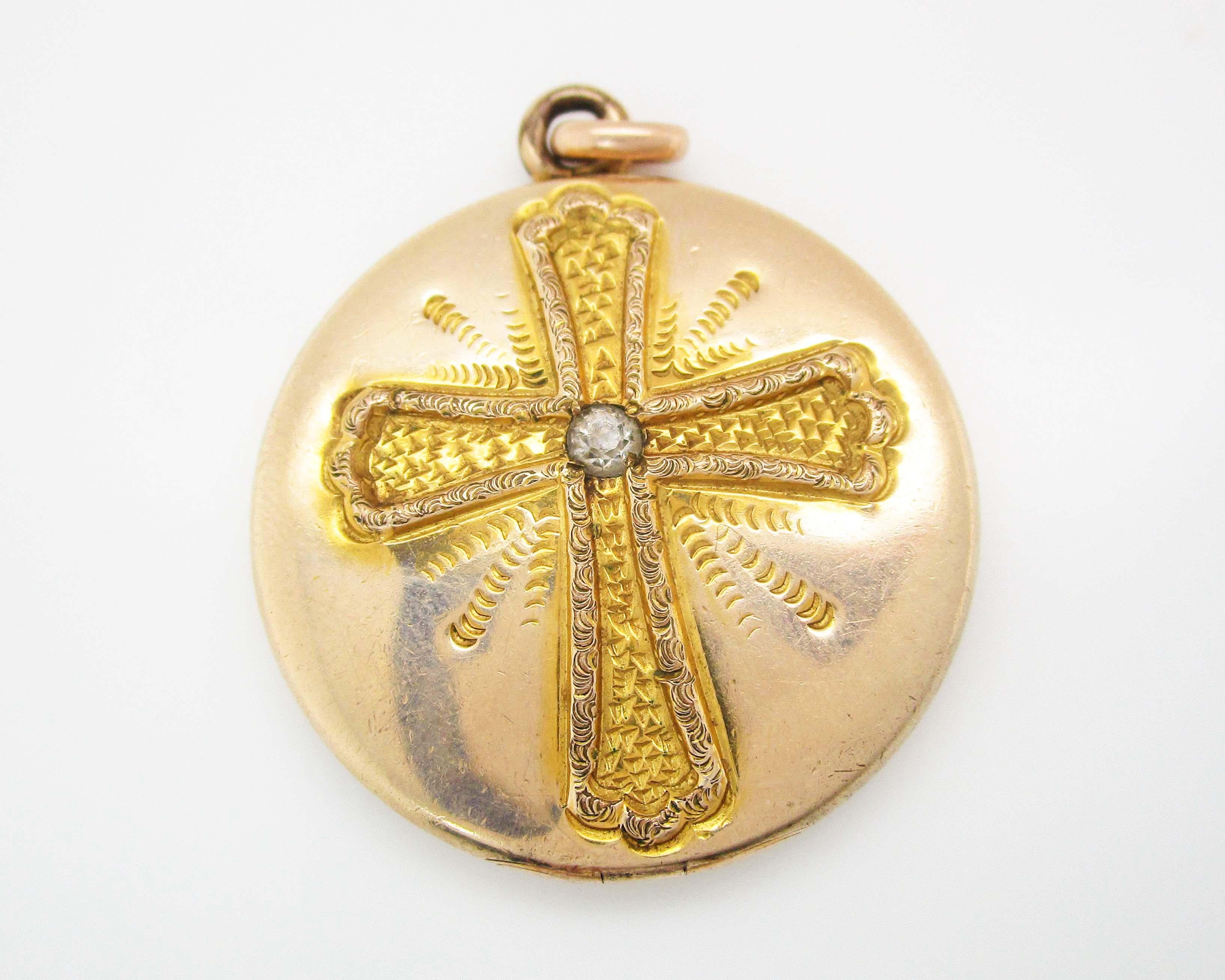 Victorian 1890s Antique Gold Hand Engraved Cross Two Photo Locket