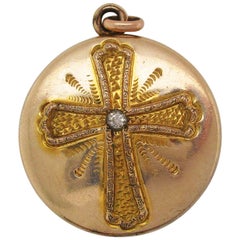 1890s Antique Gold Hand Engraved Cross Two Photo Locket