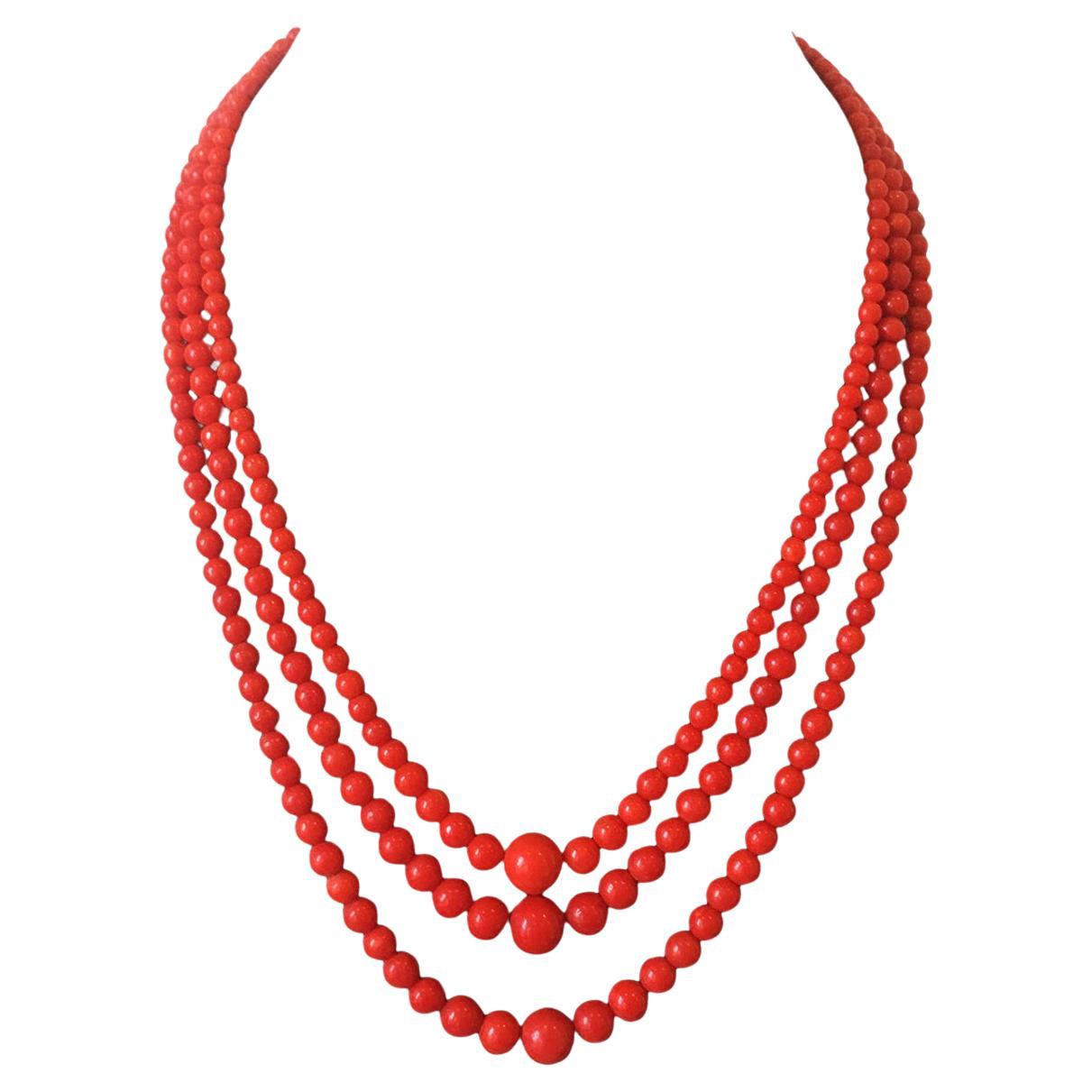 1890s Antique Italian Red Sardinian Coral Necklace (Triple-Strand!) +Natural+