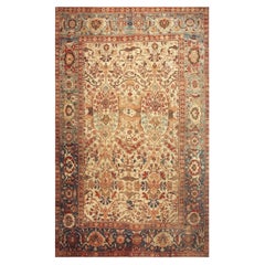 1890s Antique Ivory Floral Medallion Knotted Wool Sultanabad Persian Carpet Rug