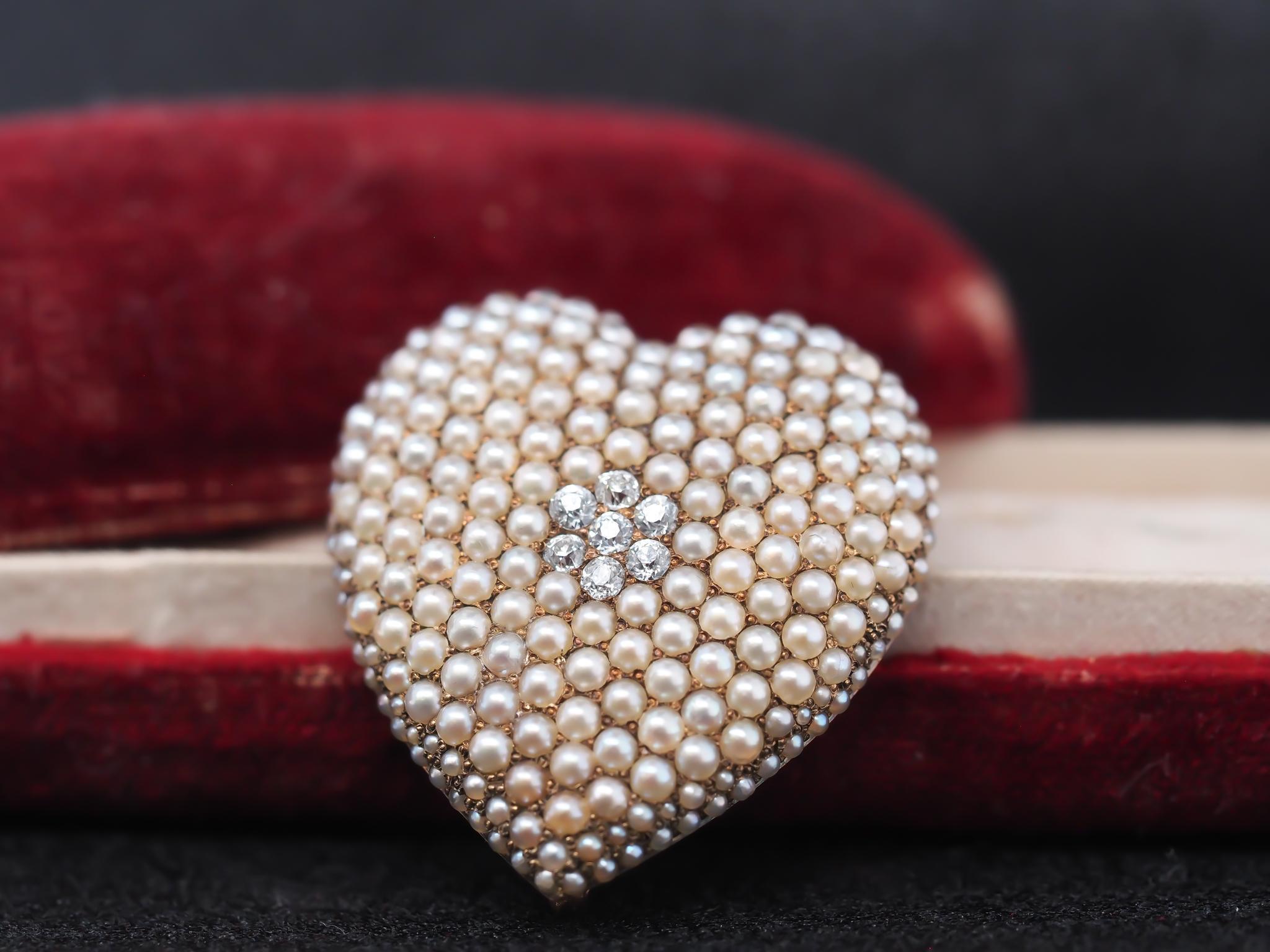 Old Mine Cut 1890s Antique Old Mine Diamond and Seed Pearl Heart Pendant and Brooch For Sale