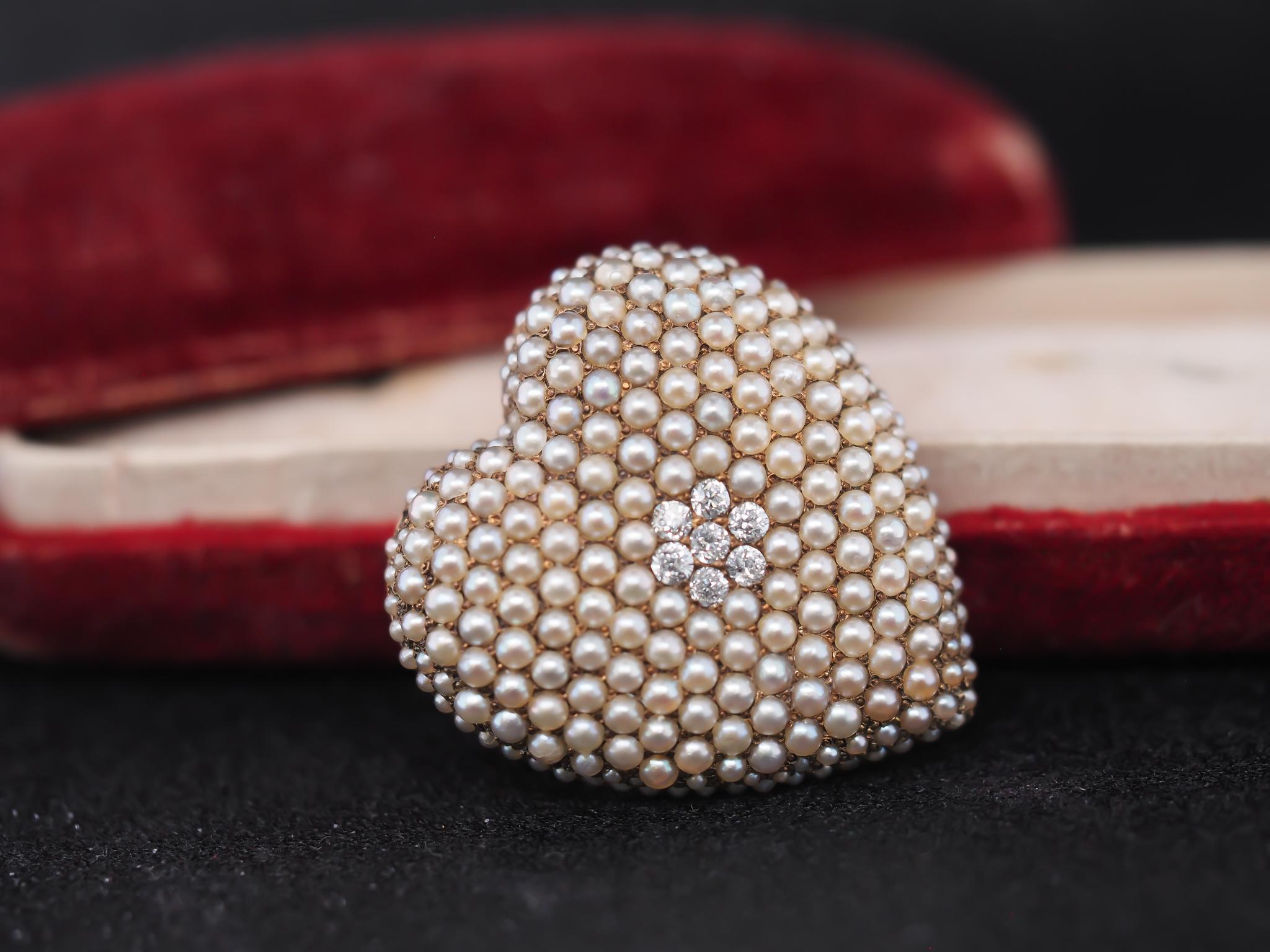 Women's 1890s Antique Old Mine Diamond and Seed Pearl Heart Pendant and Brooch For Sale