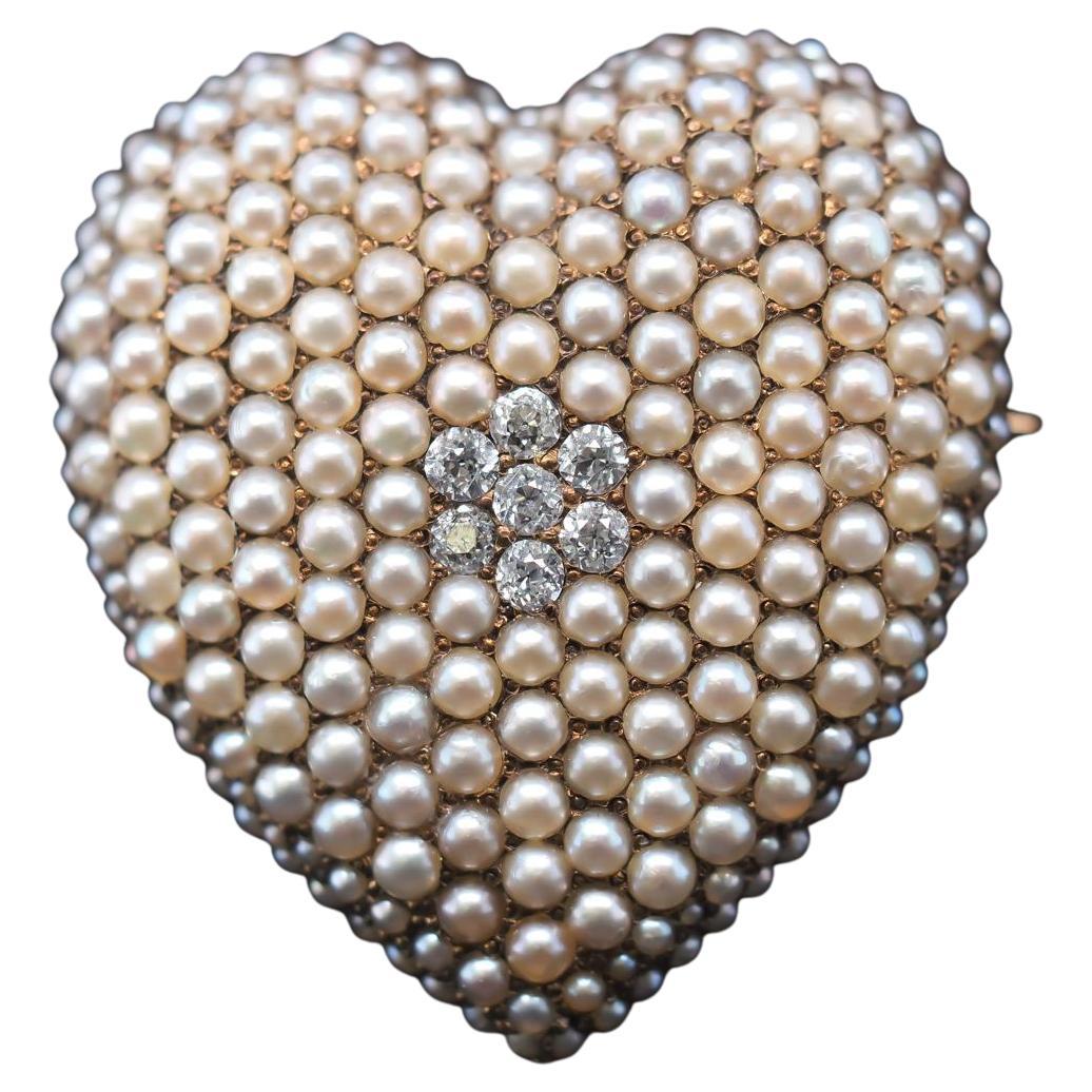 1890s Antiguo Colgante y Broche de Corazón de Diamantes y Perlas Abiertas