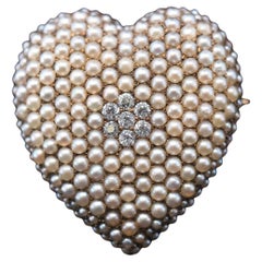 1890s Antique Old Mine Diamond and Seed Pearl Heart Pendant and Brooch