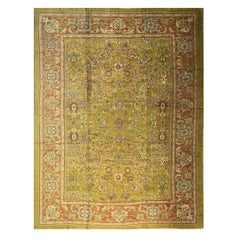 1890s Antique Oversized Green Olive 5 Star Floral Knotted Wool Sultanabad Rug
