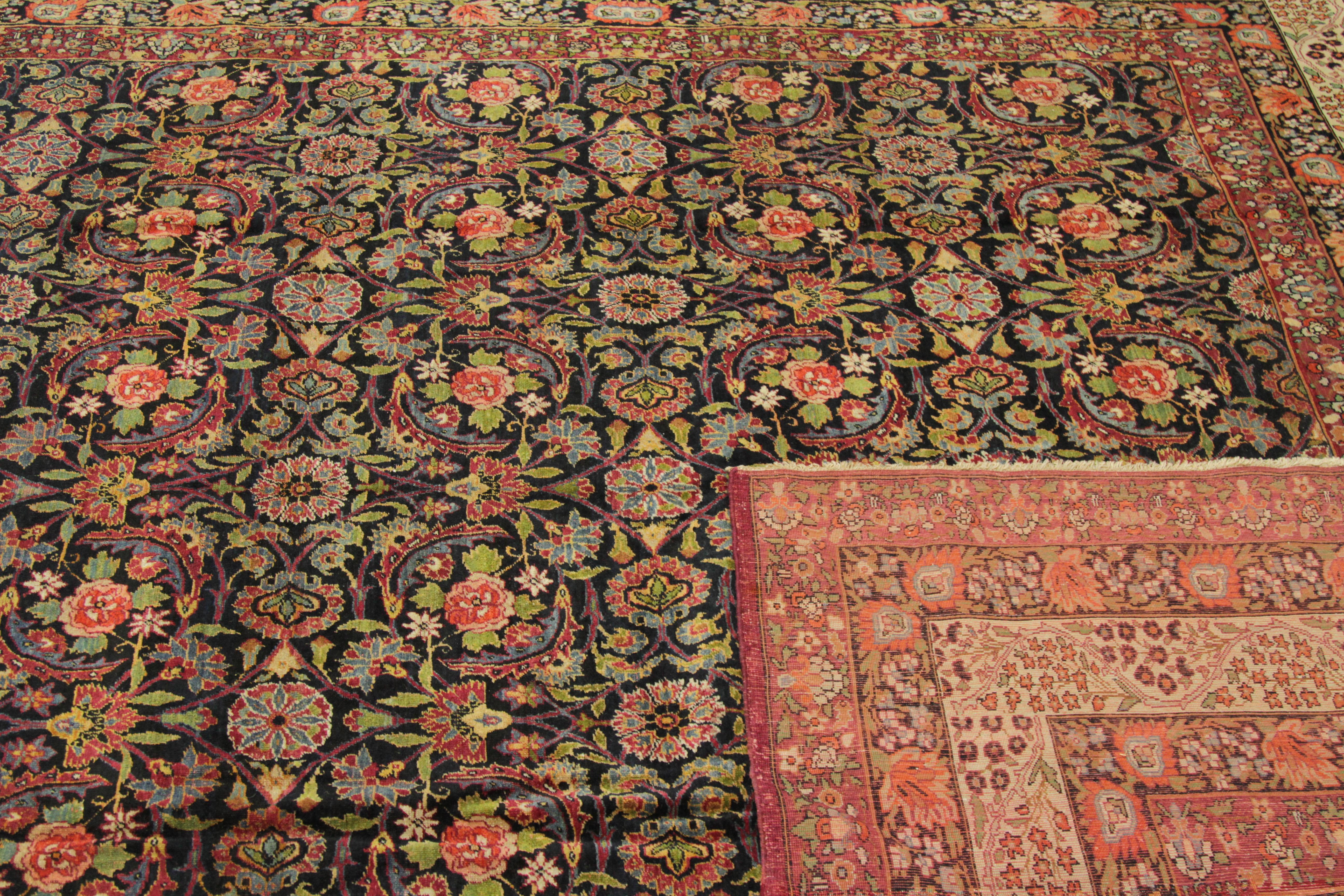 1890s Antique Persian Kerman Rug with Black and Green Flower Field Design In Excellent Condition For Sale In Dallas, TX