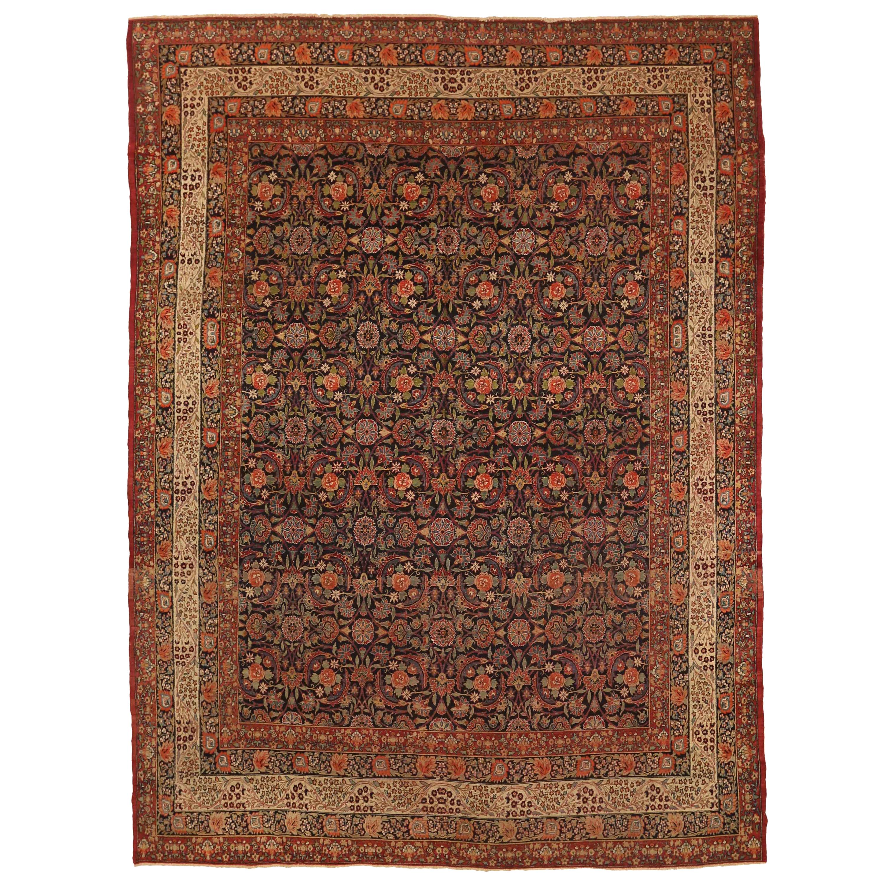 1890s Antique Persian Kerman Rug with Black and Green Flower Field Design For Sale