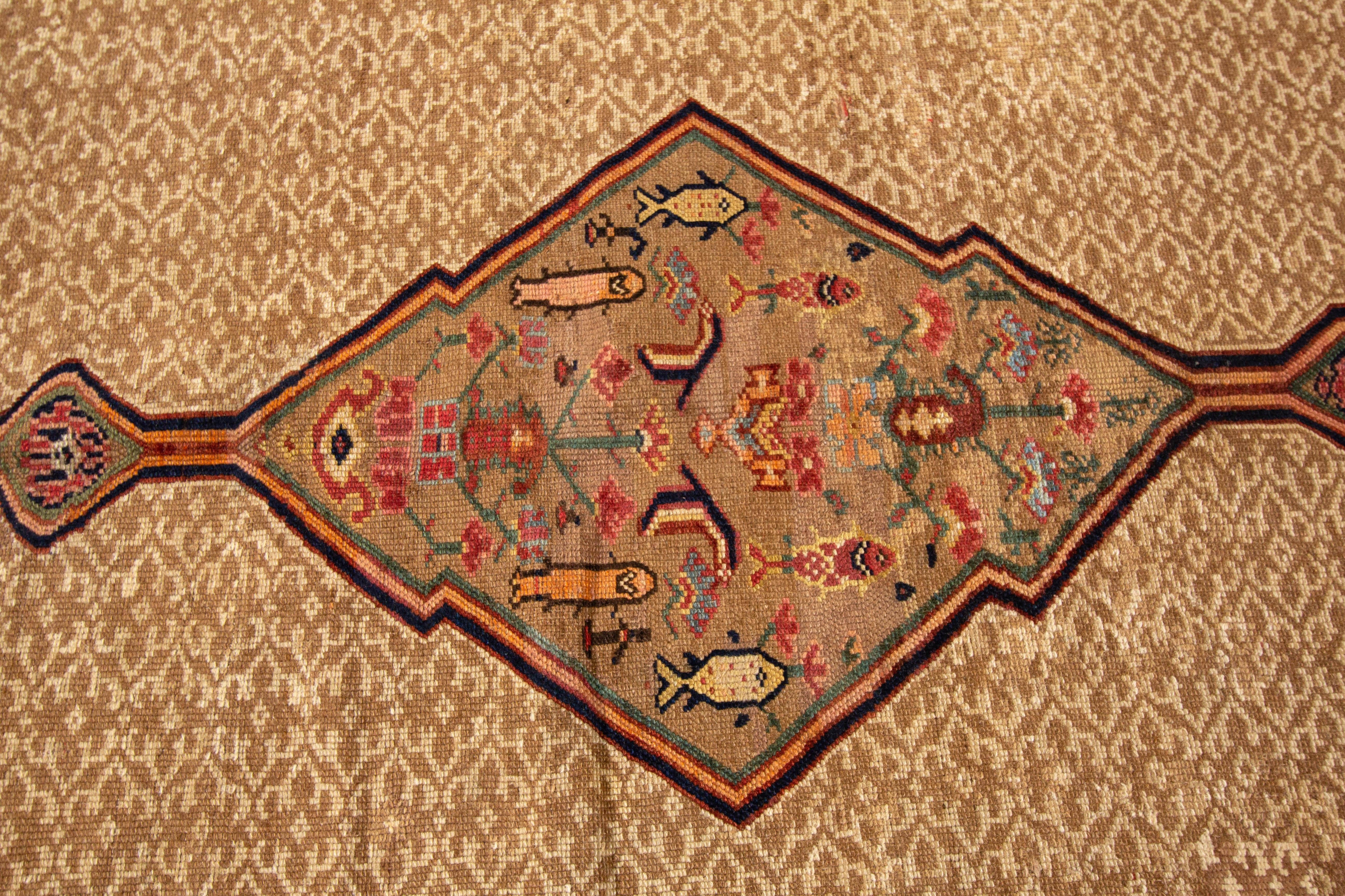 19th Century 1890s Antique Persian Serab Handmade Tan Wool Rug with Tribal Motif For Sale