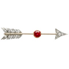 1890s Antique Ruby and Diamond Yellow Gold Arrow Brooch