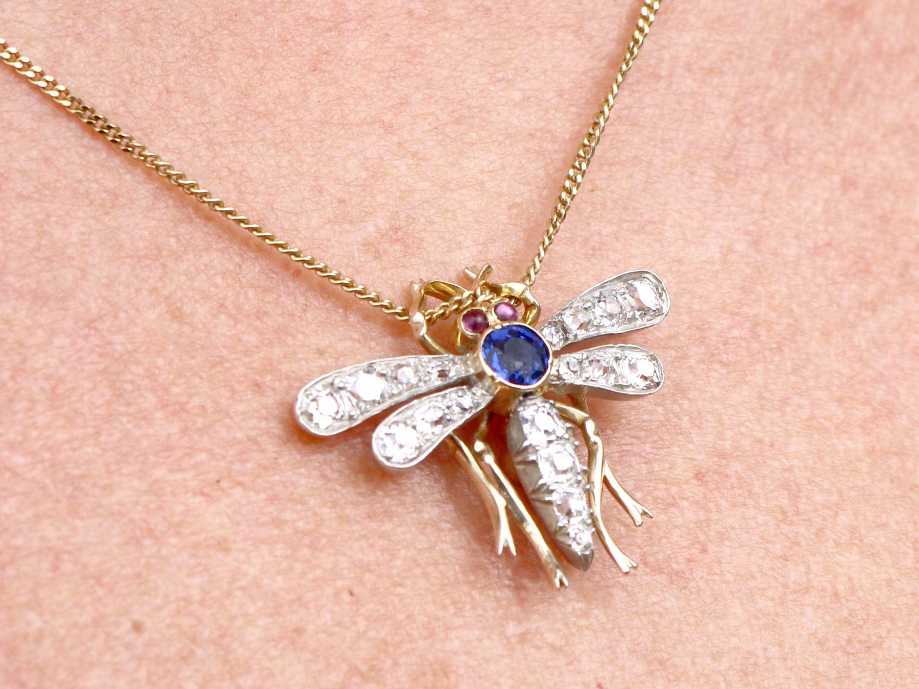 1890s Antique Sapphire Diamond and Ruby Yellow Gold Dragonfly Pendant / Brooch 4