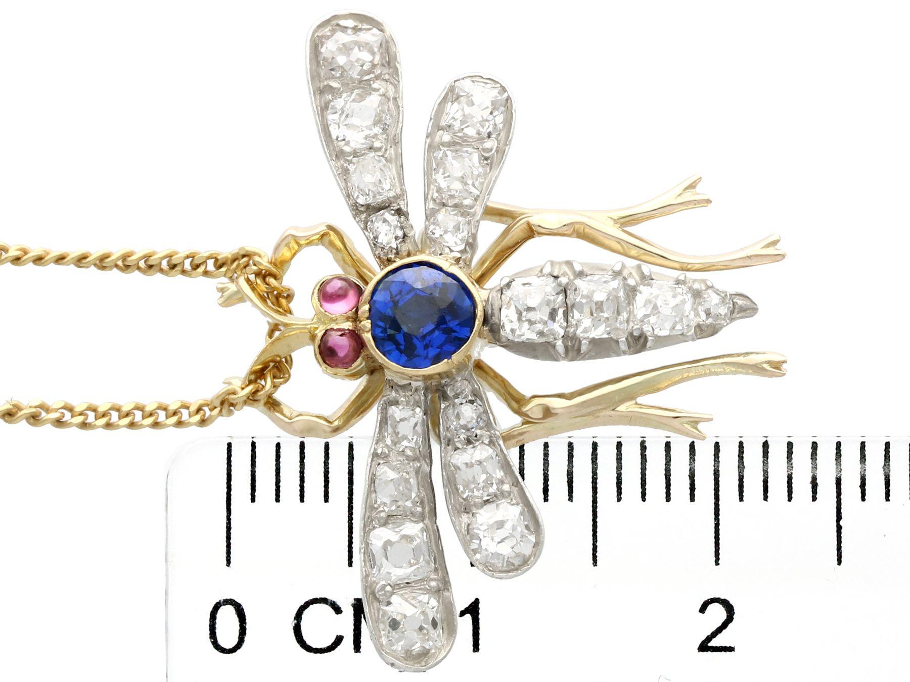 1890s Antique Sapphire Diamond and Ruby Yellow Gold Dragonfly Pendant / Brooch In Excellent Condition In Jesmond, Newcastle Upon Tyne