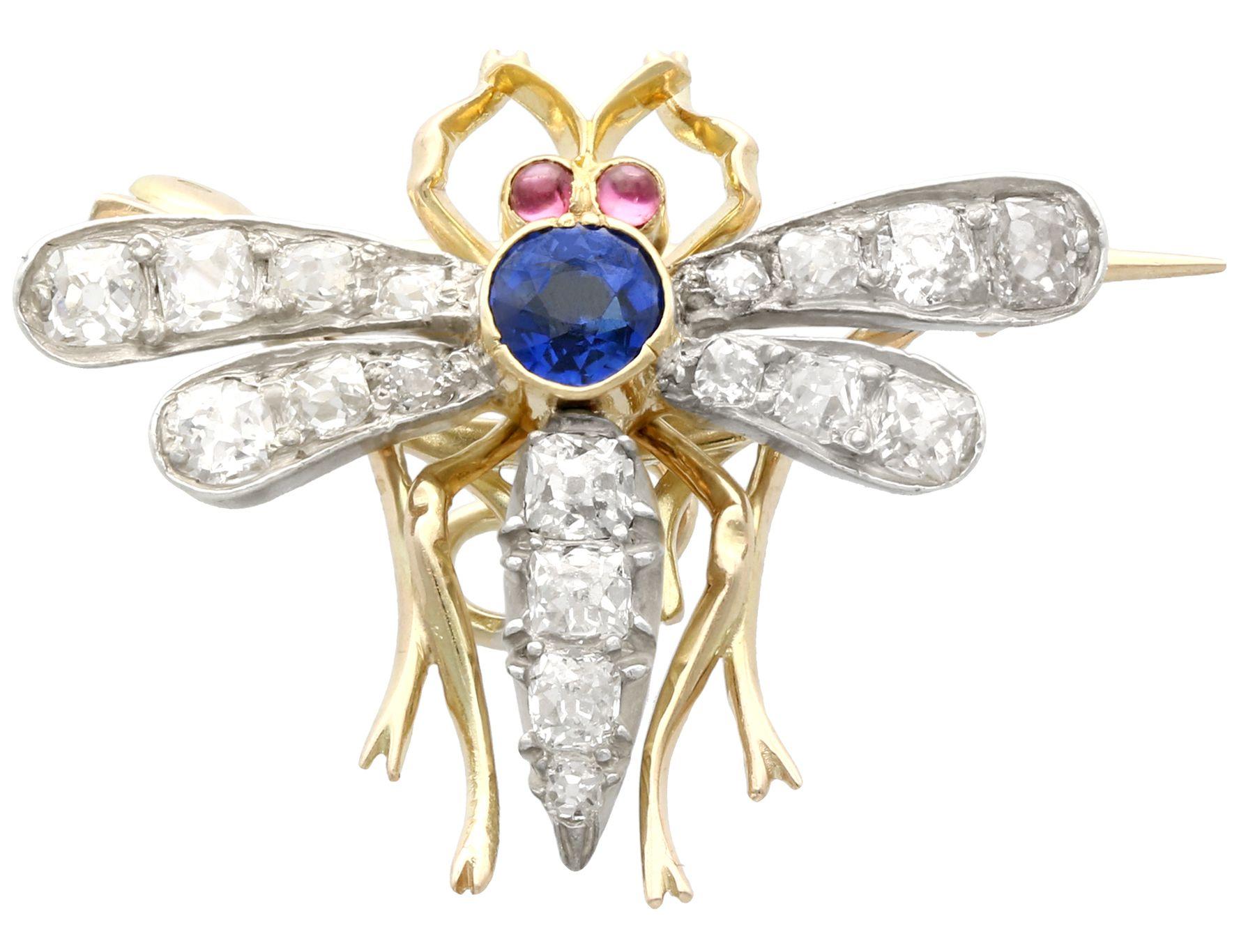 Women's or Men's 1890s Antique Sapphire Diamond and Ruby Yellow Gold Dragonfly Pendant / Brooch