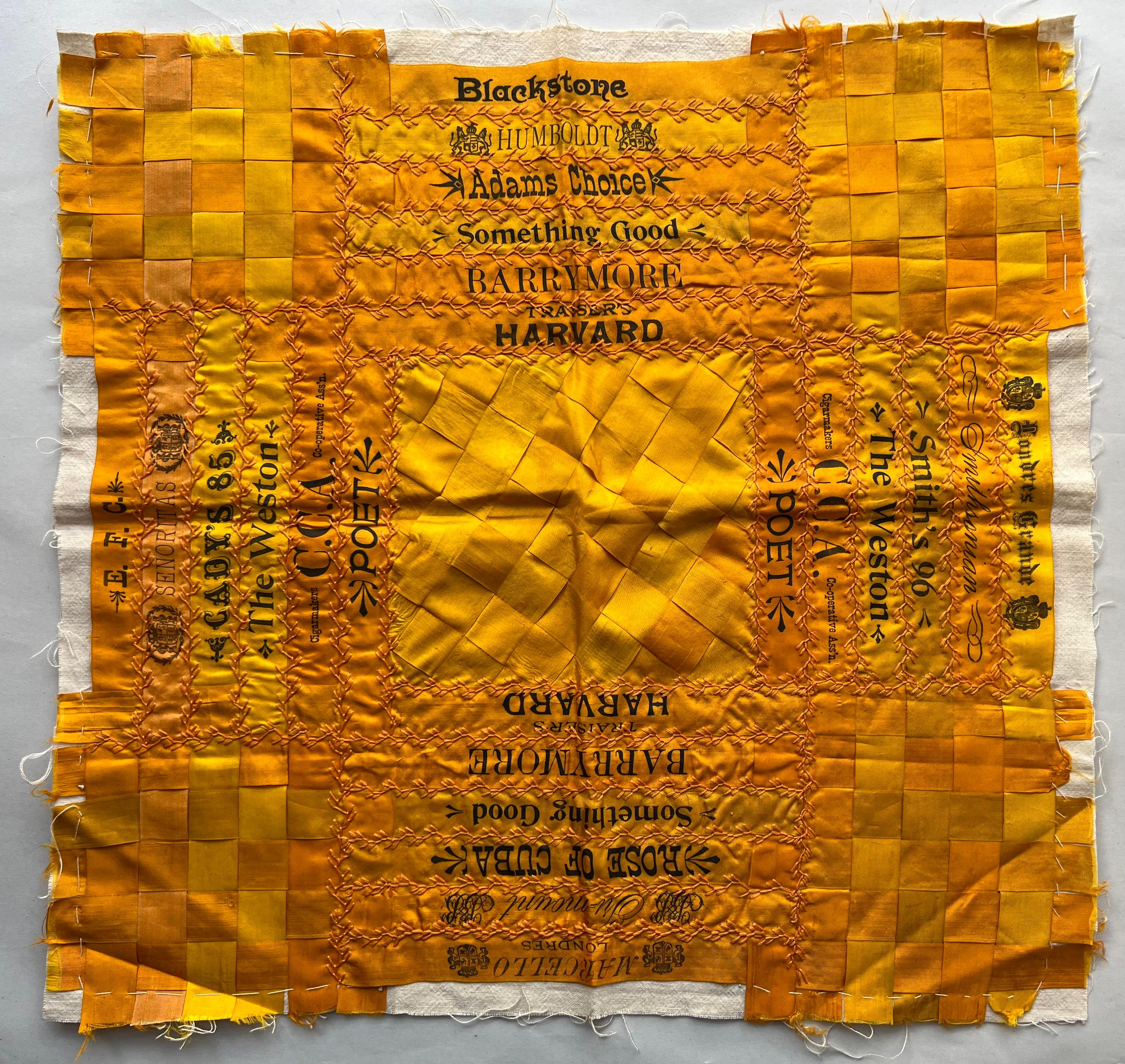 Offered here is a circa 1890s-1910s silk cigar ribbon, hand embroidered quilt block.
These ribbons started out wrapping bunches of cigars, with the brand names printed
on the ribbons.
Starting in the victorian era woman saved them, and then in