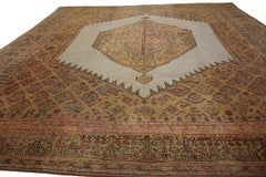 1890s Antique Square Ivory Medallion Hand Knotted Tribal Turkish Oushak Wool Rug
