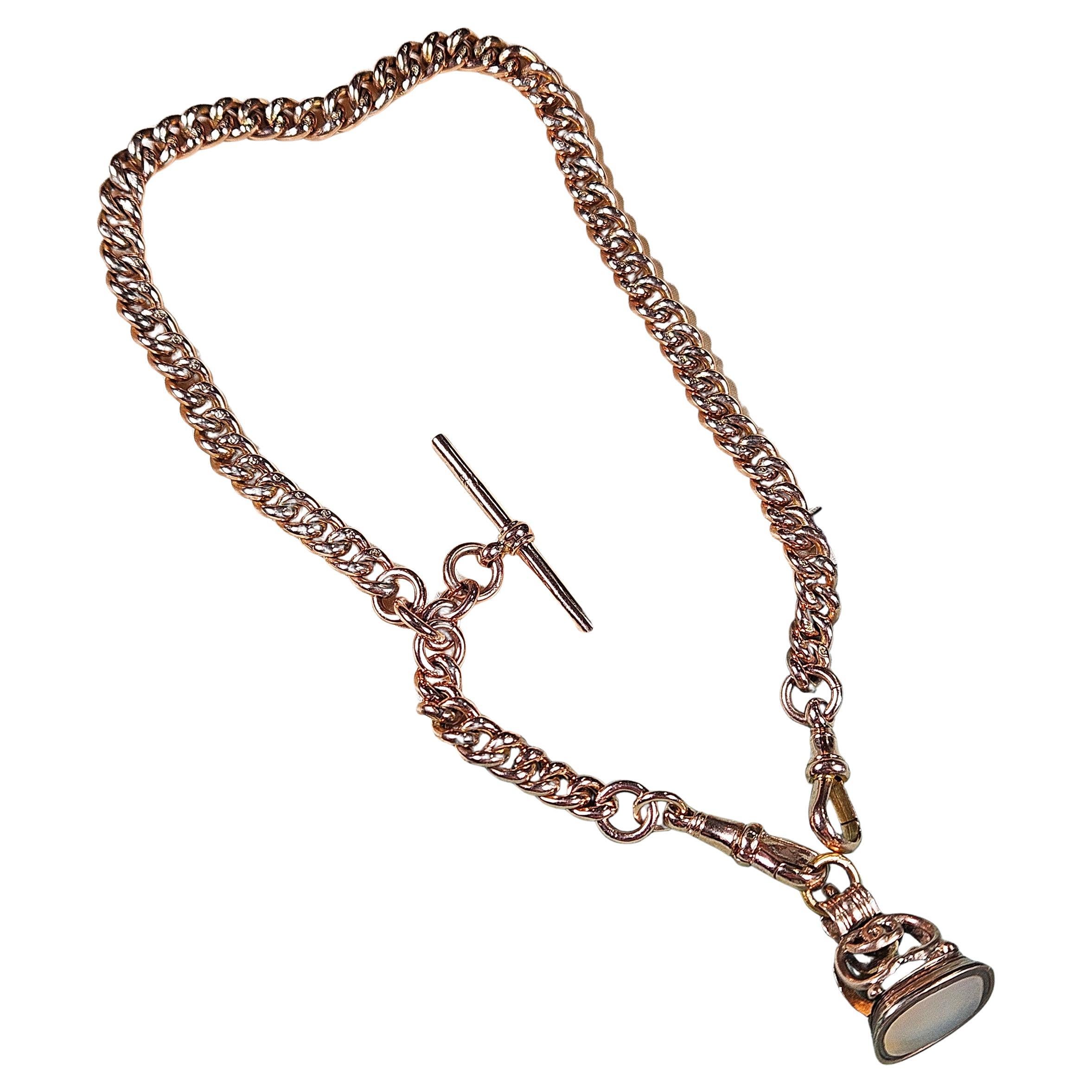 Antique Victorian 9K Gold Albert
s Watch Chain Necklace w Chalcedony Fob 
T-Bar For Sale