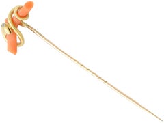 1890s Antique Victorian Diamond and Coral Yellow Gold Snake Pin Brooch