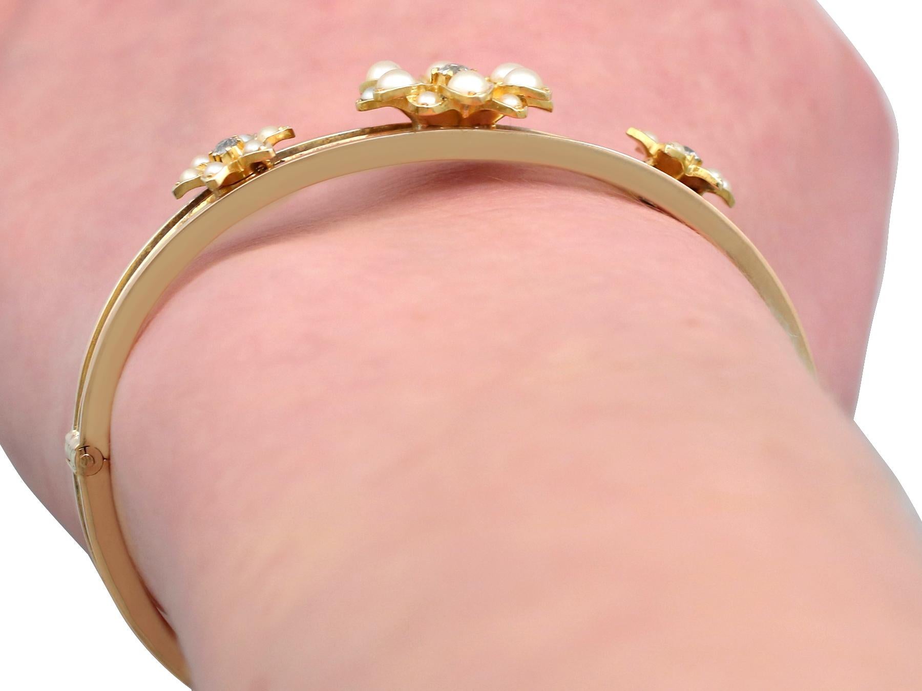 1890s Antique Victorian Diamond and Pearl Yellow Gold Bangle 5