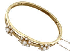 1890s Antique Victorian Pearl and Yellow Gold Bangle, Boxed