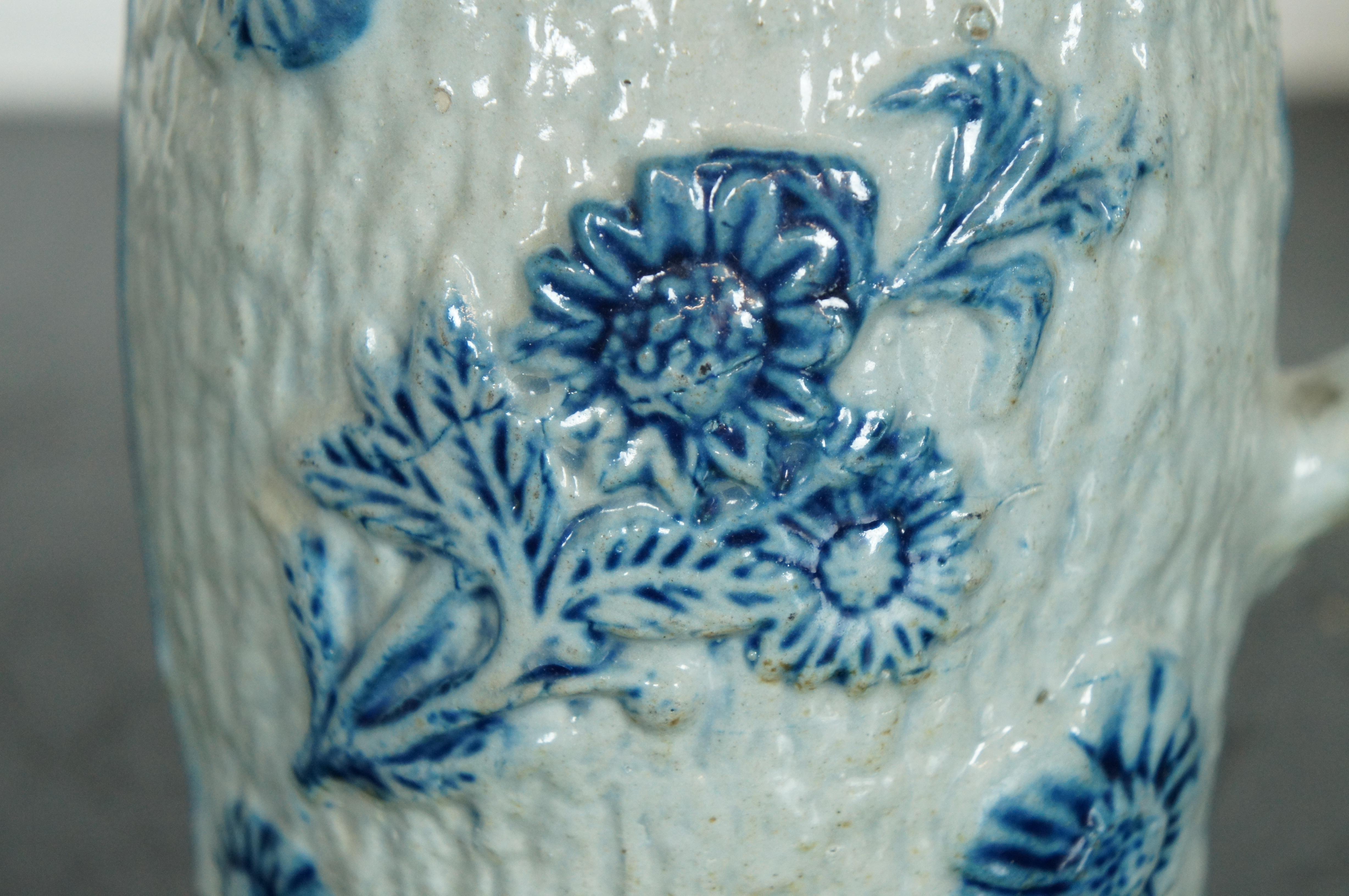 1890s Antique White Utica Salt Glazed Stoneware Pitcher Raised Daises Sunflower For Sale 6