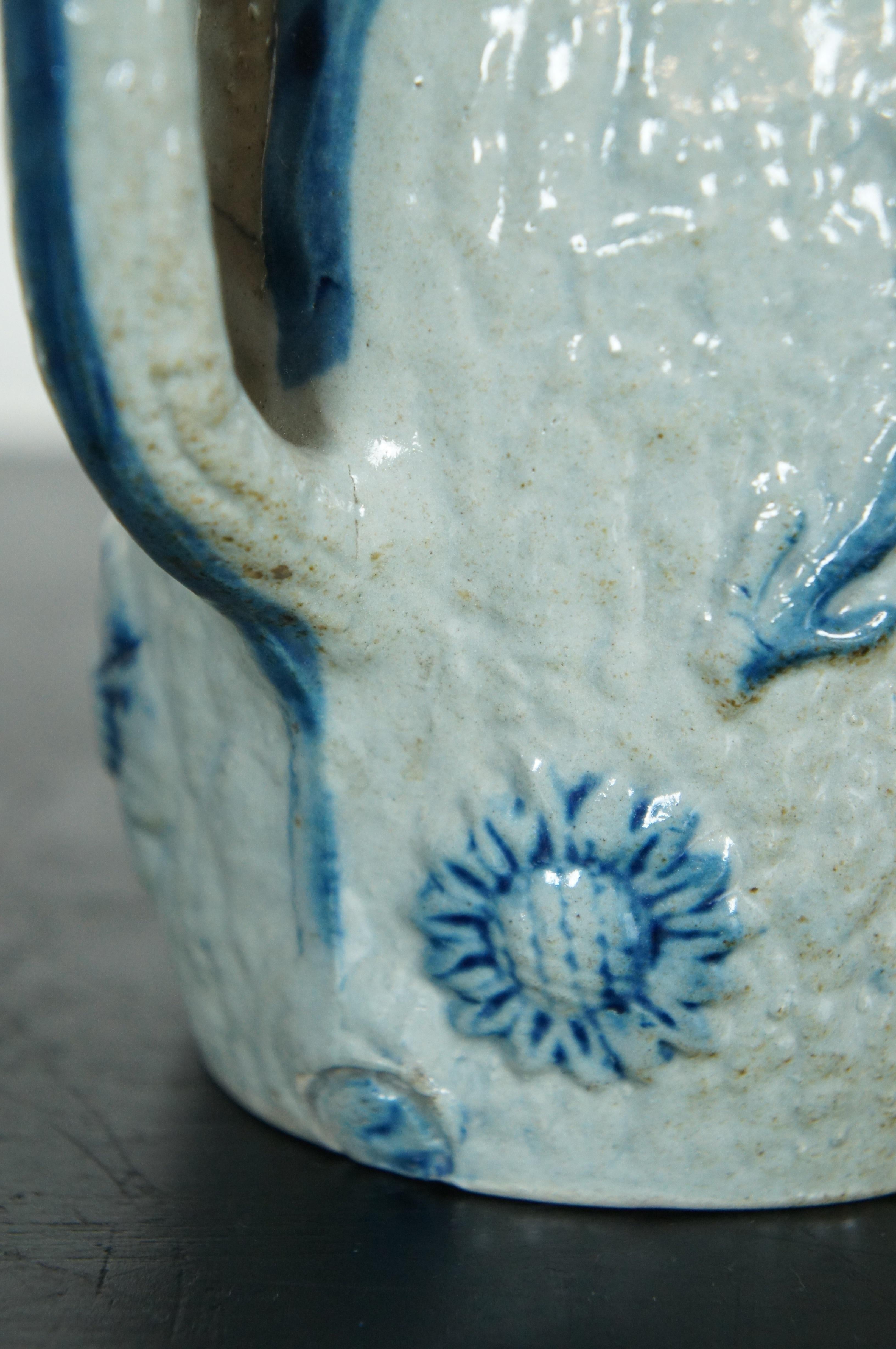 1890s Antique White Utica Salt Glazed Stoneware Pitcher Raised Daises Sunflower For Sale 7