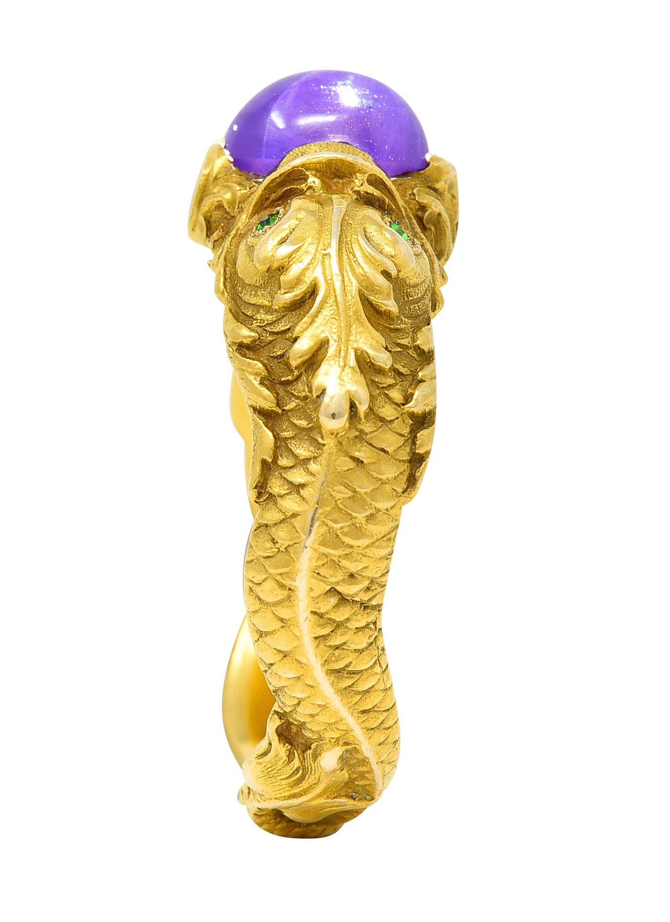1890s Art Nouveau 2.68 Star Ruby Demantoid Garnet 14 Karat Gold Koi Fish Ring For Sale 4