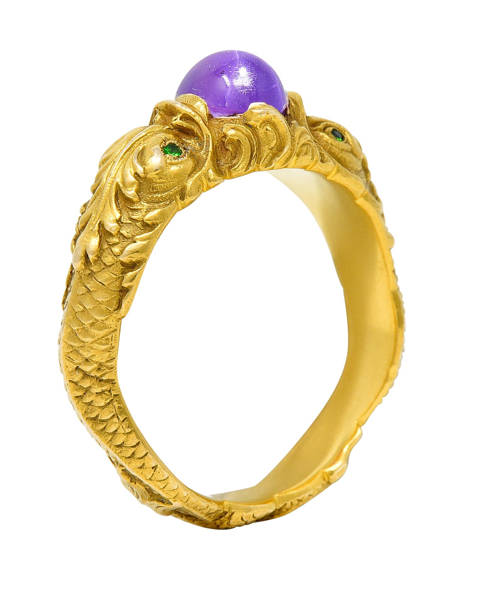1890s Art Nouveau 2.68 Star Ruby Demantoid Garnet 14 Karat Gold Koi Fish Ring For Sale 5