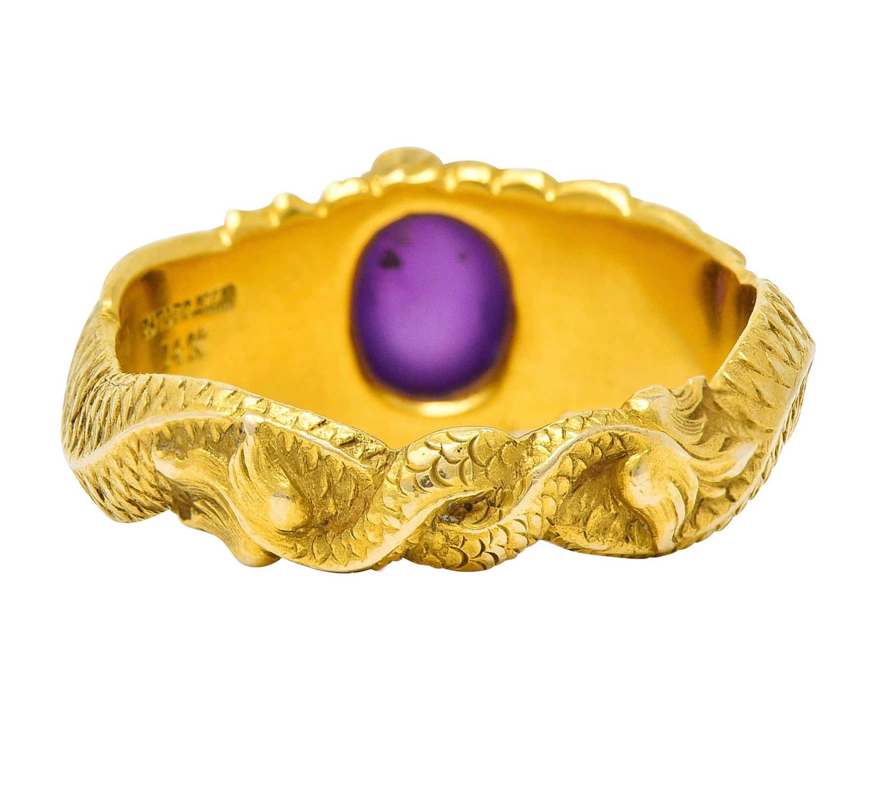 Cabochon 1890s Art Nouveau 2.68 Star Ruby Demantoid Garnet 14 Karat Gold Koi Fish Ring For Sale