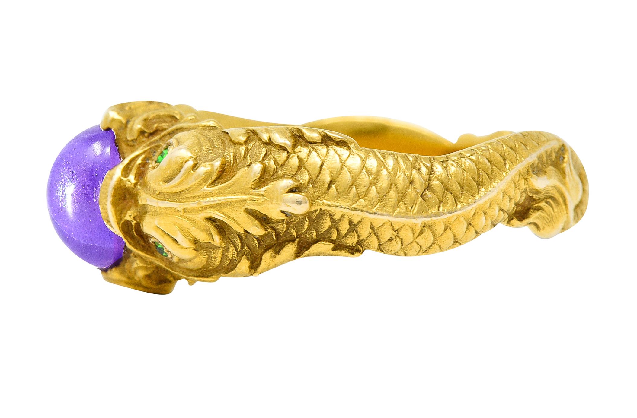 1890s Art Nouveau 2.68 Star Ruby Demantoid Garnet 14 Karat Gold Koi Fish Ring In Excellent Condition For Sale In Philadelphia, PA
