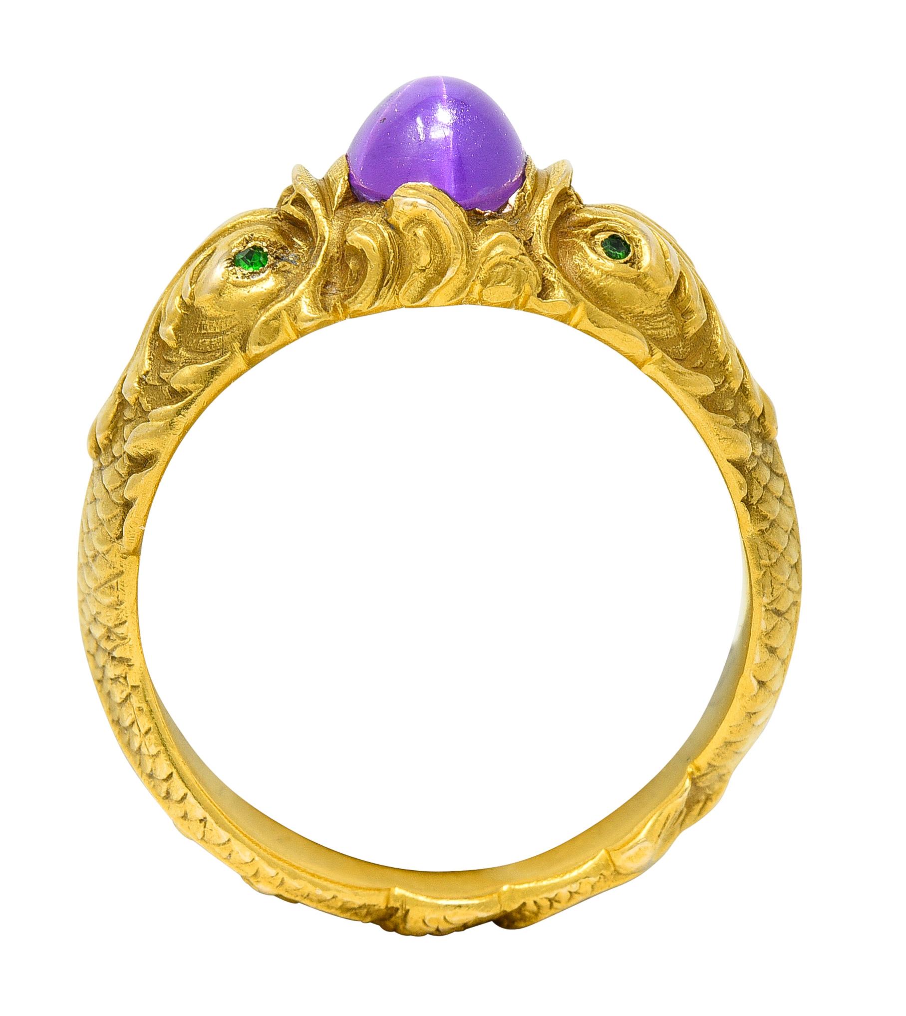 1890s Art Nouveau 2.68 Star Ruby Demantoid Garnet 14 Karat Gold Koi Fish Ring For Sale 3