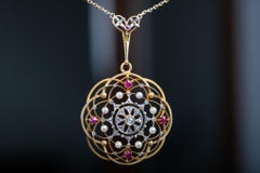 1890's Art Nouveau Diamond Ruby Pearl Gold Necklace 18K Solid Gold
