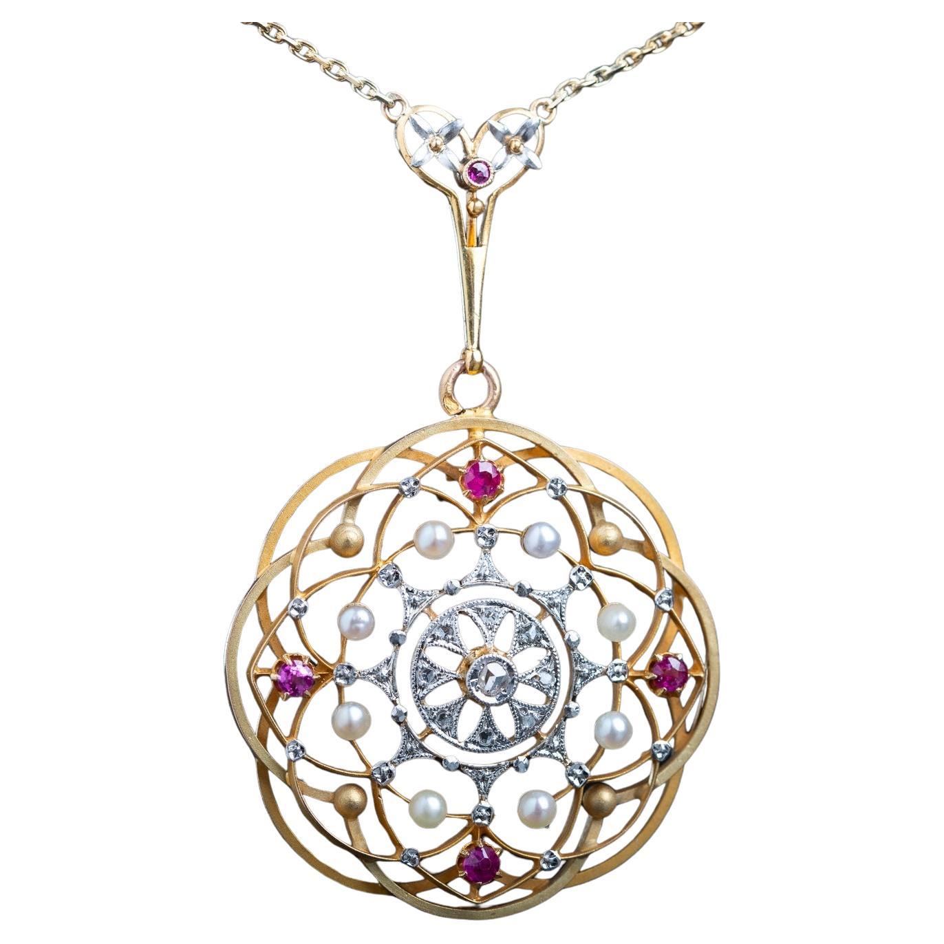 1890's Art Nouveau Diamond Ruby Pearl Gold Necklace 18K Solid Gold