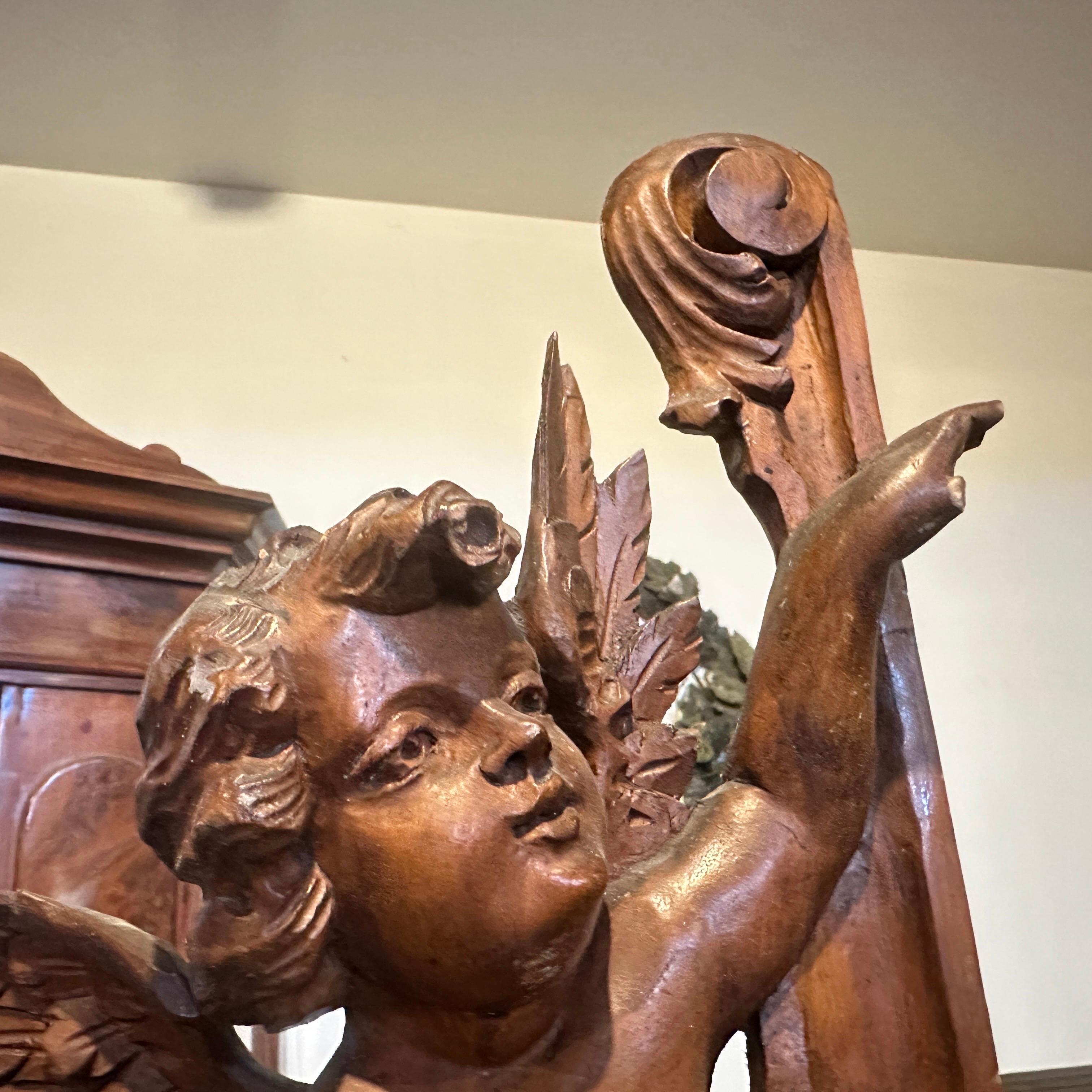 19th Century 1890s Art Nouveau Hand-Carved Walnut Wood Sicilian Fragment of an Angel For Sale