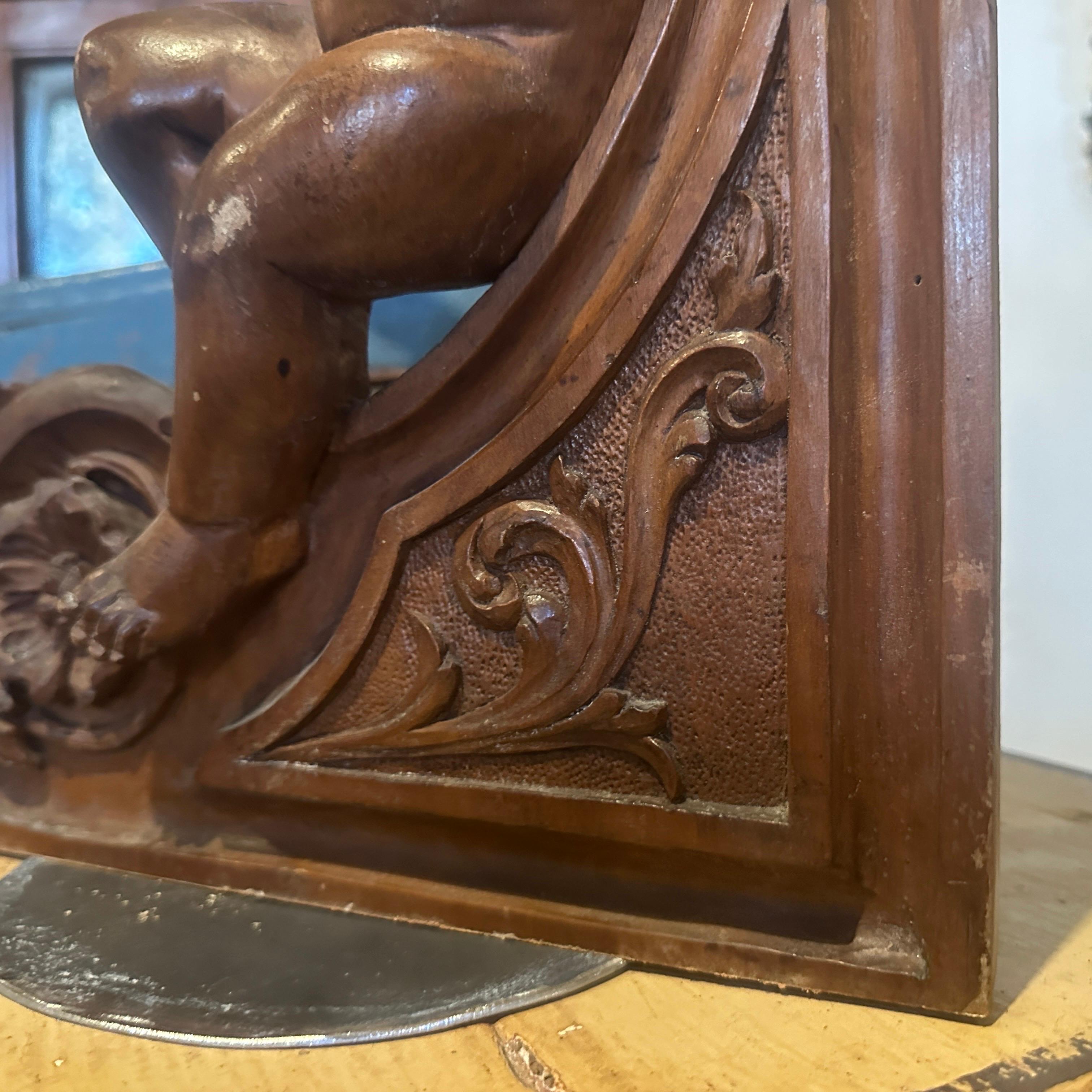 1890s Art Nouveau Hand-Carved Walnut Wood Sicilian Fragment of an Angel For Sale 6