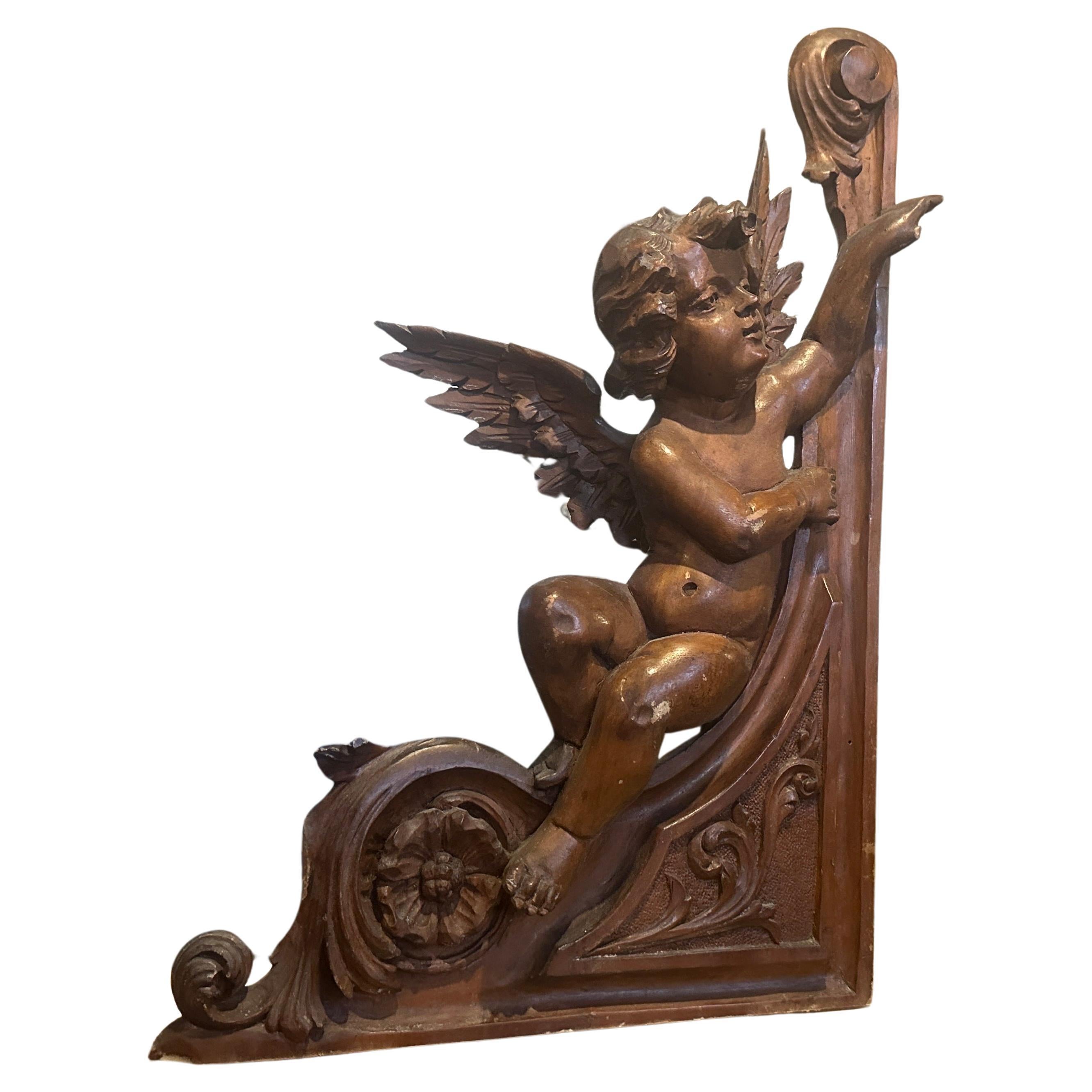 1890s Art Nouveau Hand-Carved Walnut Wood Sicilian Fragment of an Angel For Sale