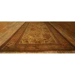 1890s Beige Field Large Scale Geometric Knotted Wool Antique Oushak Turkish Rug