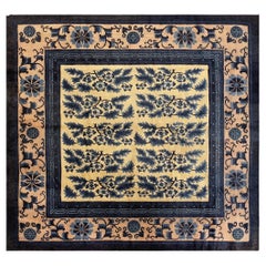 Rugs On Net Beige & Blue Antique Floral Chinese Mongolian Square Wool Rug Carpet